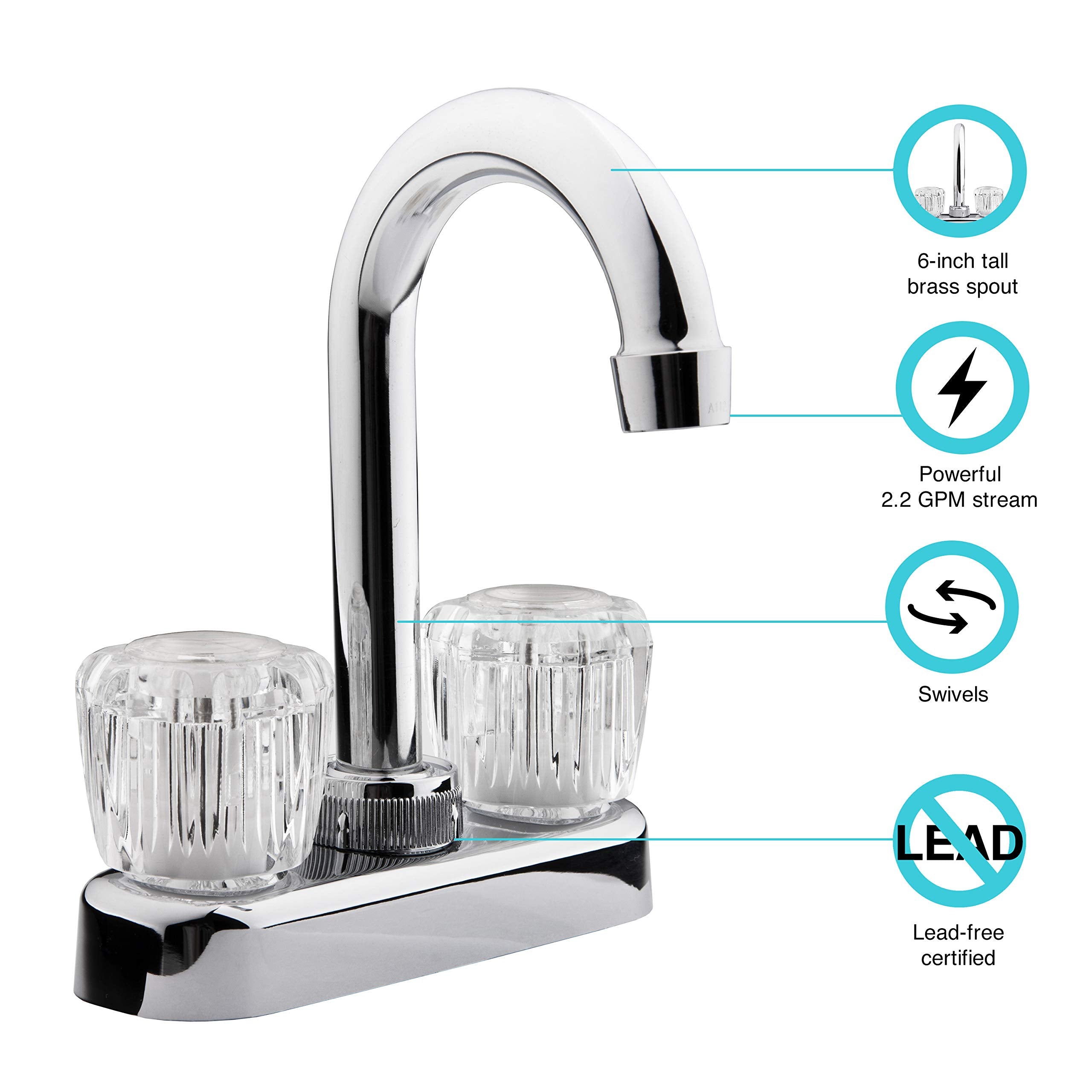 Dura Faucet RV Swivel Bar Faucet DF-PB150A-CP with Clear Acrylic 2-Knobs - 6-inch Spout (Chrome)