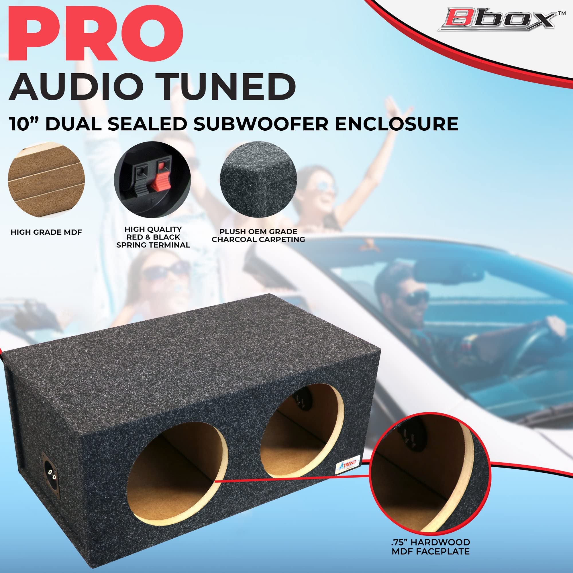Atrend Dual Sealed 10 Inch Bbox Subwoofer Enclosure - SPL Tuned Car Subwoofer Boxes & Enclosures - Premium Subwoofer Box Improves Audio Quality, Sound & Bass - Nickel Finish Subwoofer Terminals - Black