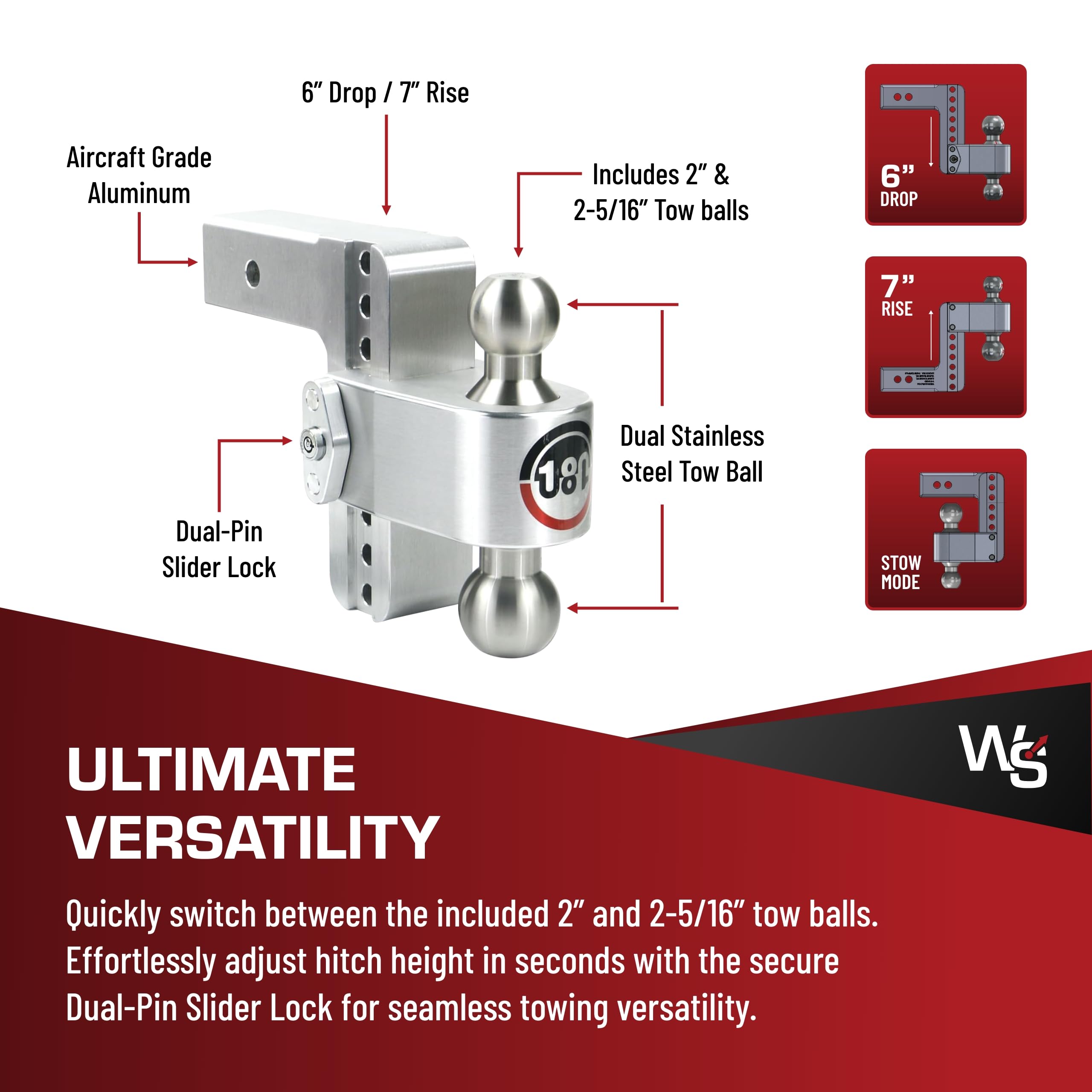 Weigh Safe Adjustable Hitch Trailer Ball Mount - 6" Adjustable Drop Hitch for 2.5" Receiver - Premium Heavy Duty Aluminum Trailer Tow Hitch w/ Stainless Steel Tow Balls (2" & 2 5/16") - 18,500 GTW