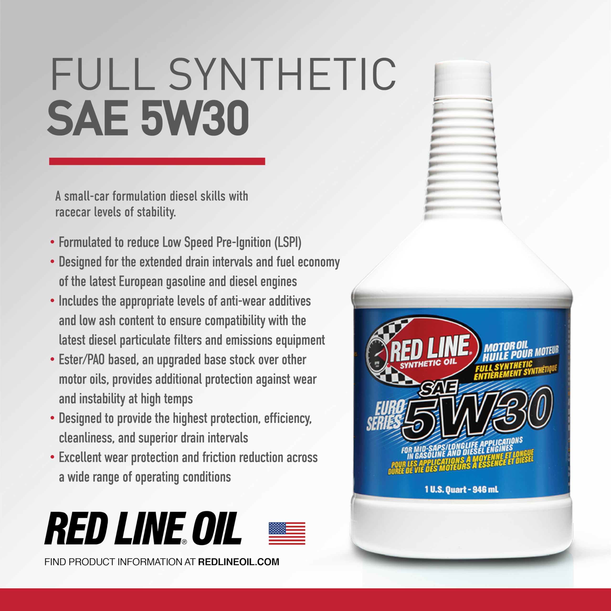 SAE 5W30 Fully Synthetic Red Line Euro-Series Motor Oil - 1 Quart