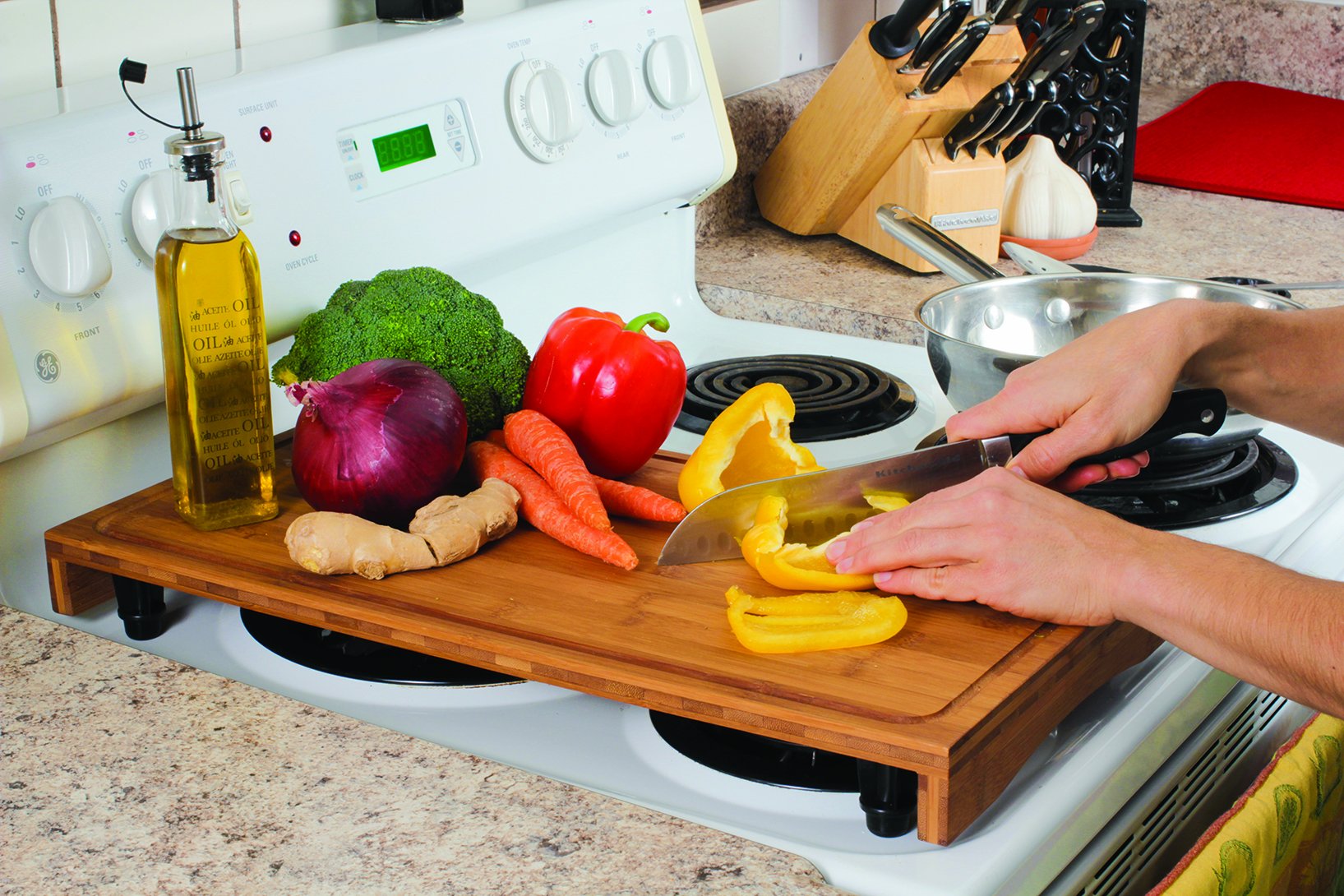 Camco Stove Top Bamboo Work Surface with Adjustable Legs & Built in Juice Groove - Covers Kitchen Workspace to Create Additional 2 Burner (43547)