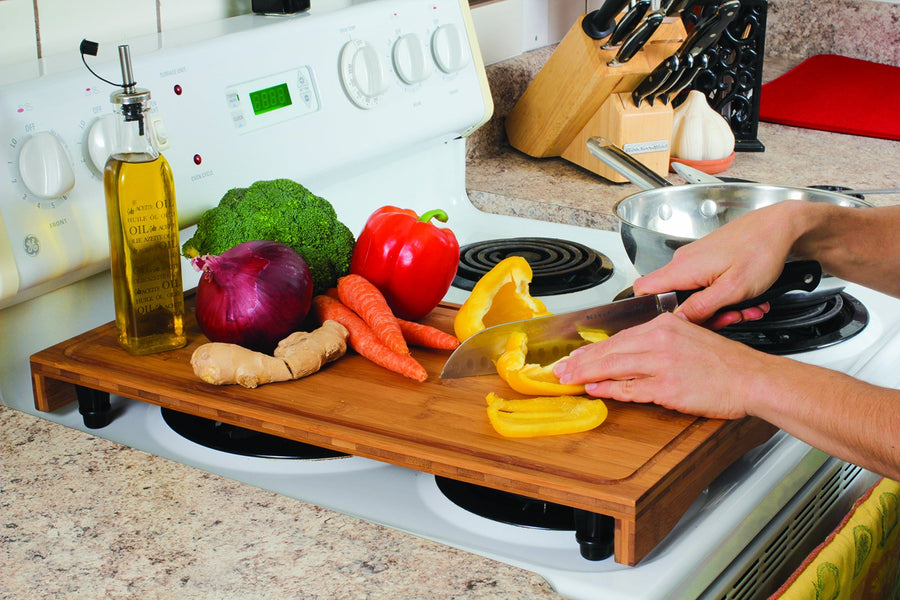 Camco Stove Top Bamboo Work Surface with Adjustable Legs & Built in Juice Groove - Covers Kitchen Workspace to Create Additional 2 Burner (43547)
