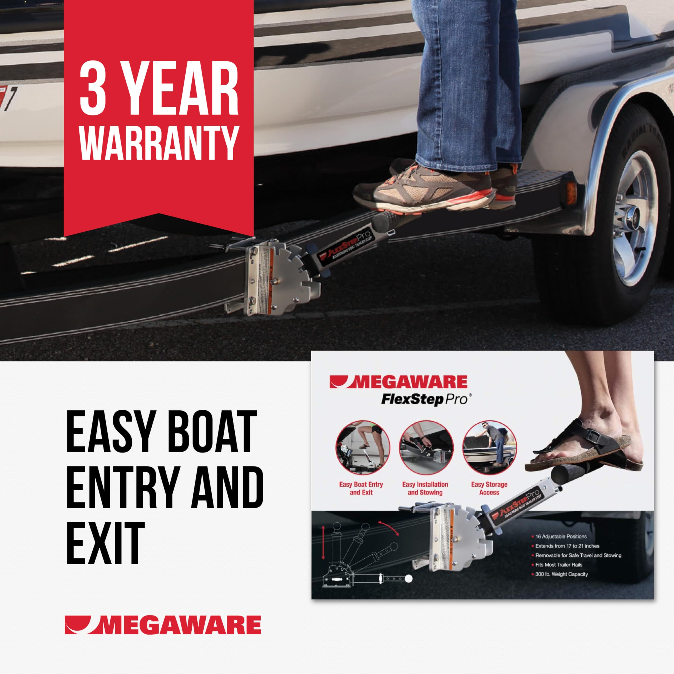 FlexStep Pro MEGAWARE KEELGUARD Boat Trailer Step, 16 Adjustable Positions, 300-lb Capacity, Lightweight Marine-Grade Aluminum, Mounts Easily, Non-Slip Grip, Quick Detach Feature for Storing