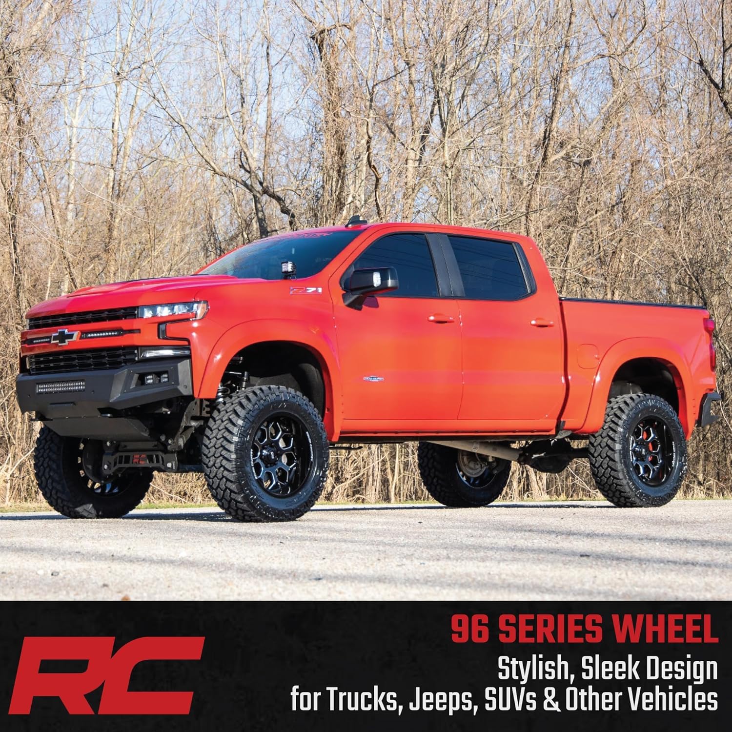 20x9 Rough Country One-Piece Aluminum Wheel, 6x5.5" Bolt Pattern, 12mm Offset - Gloss Black w/Milled Accents, 8-Spoke, Lightweight with Center Cap