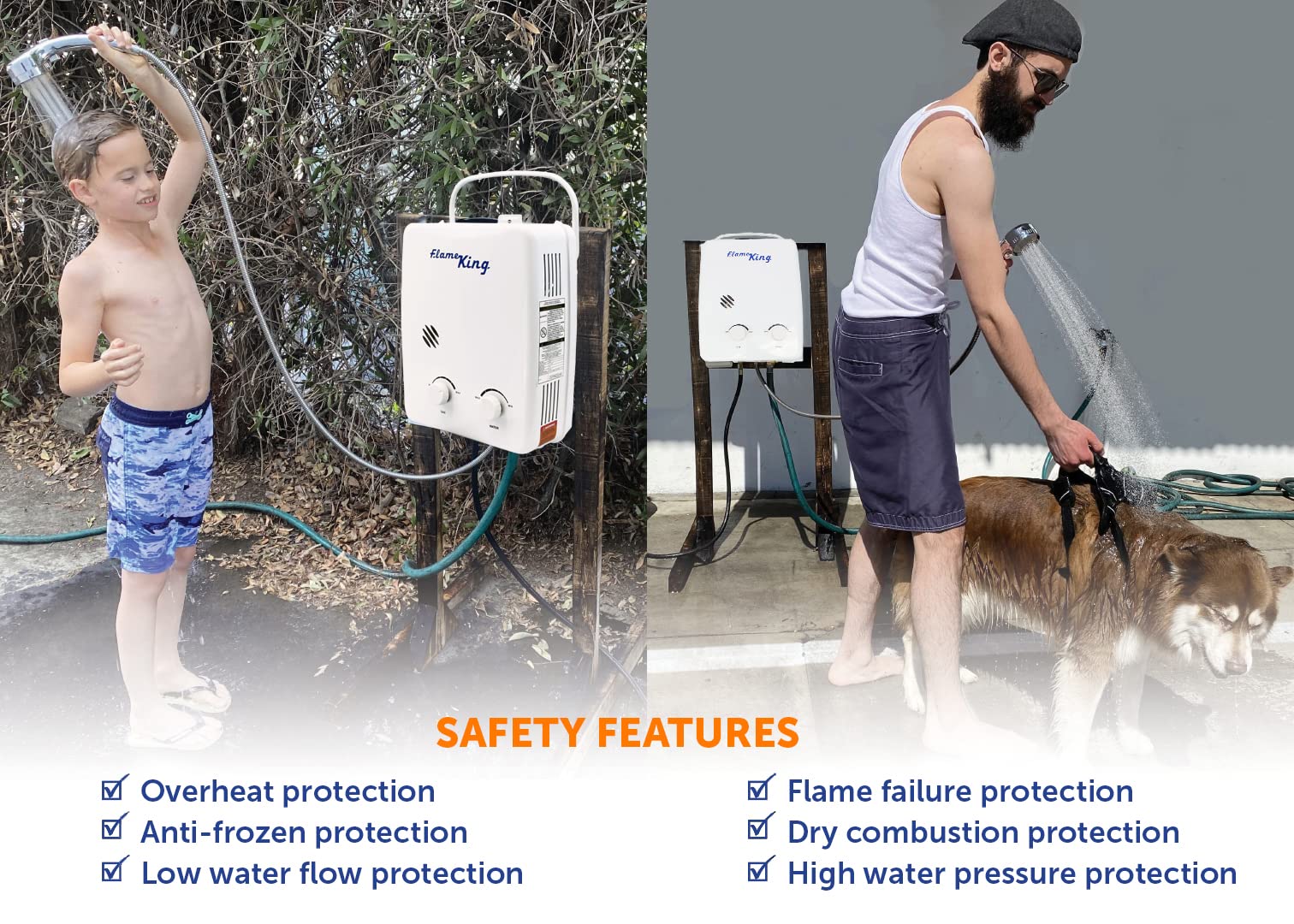 Flame King Portable Tankless Water Heater YSNAZ132 Propane Gas 5L 1.32GPM at 34,000 BTU, Outdoor Instant Hot Water Shower for RV, Camping, Farm, Cabins