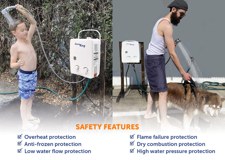 Flame King Portable Tankless Water Heater YSNAZ132 Propane Gas 5L 1.32GPM at 34,000 BTU, Outdoor Instant Hot Water Shower for RV, Camping, Farm, Cabins