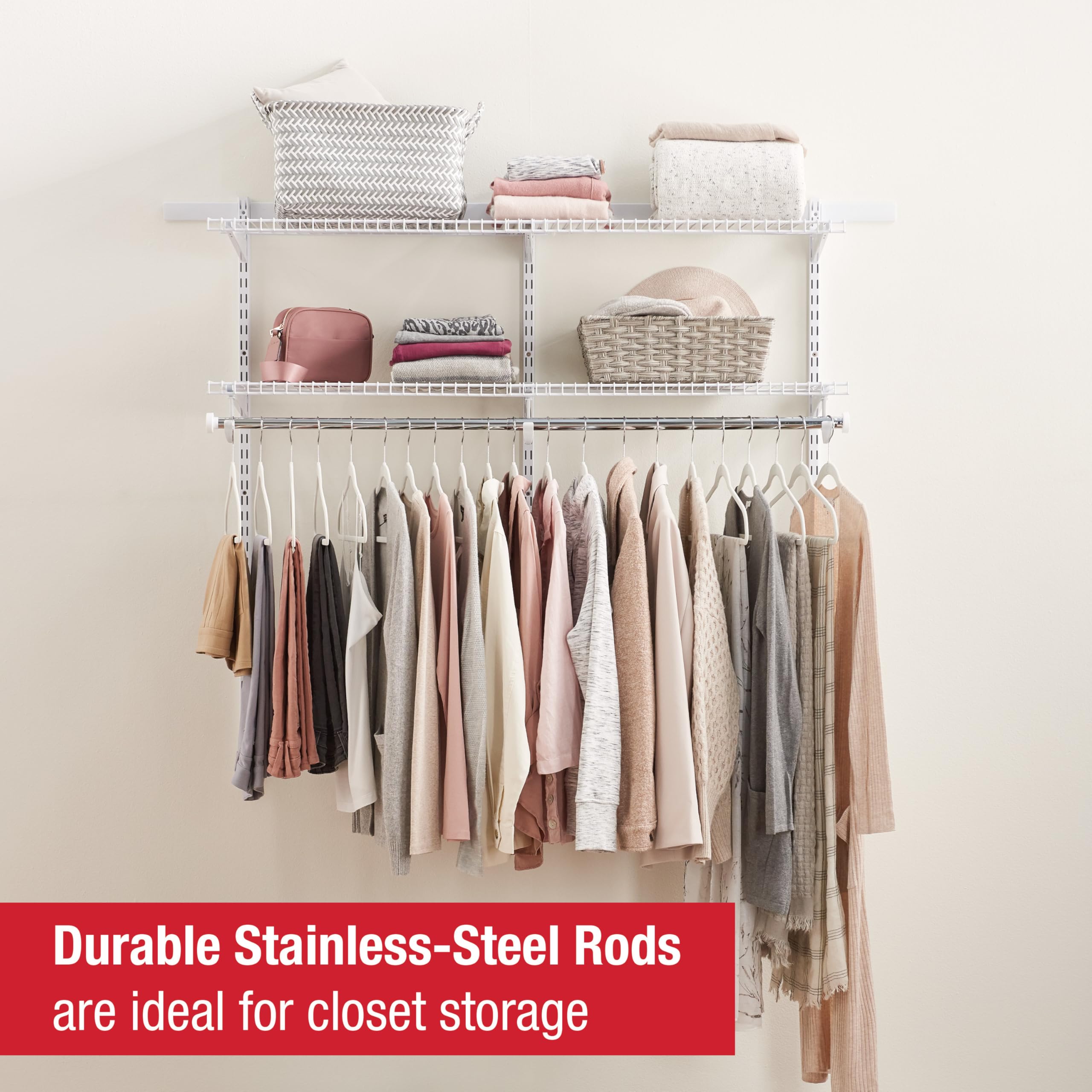 Rubbermaid Custom Closet Kit Configurations 3-6 Ft. Adjustable Metal Wire Shelving White Finish Expandable Organization System Hardware Included for Home Closet/Pantry/Laundry/Mudroom