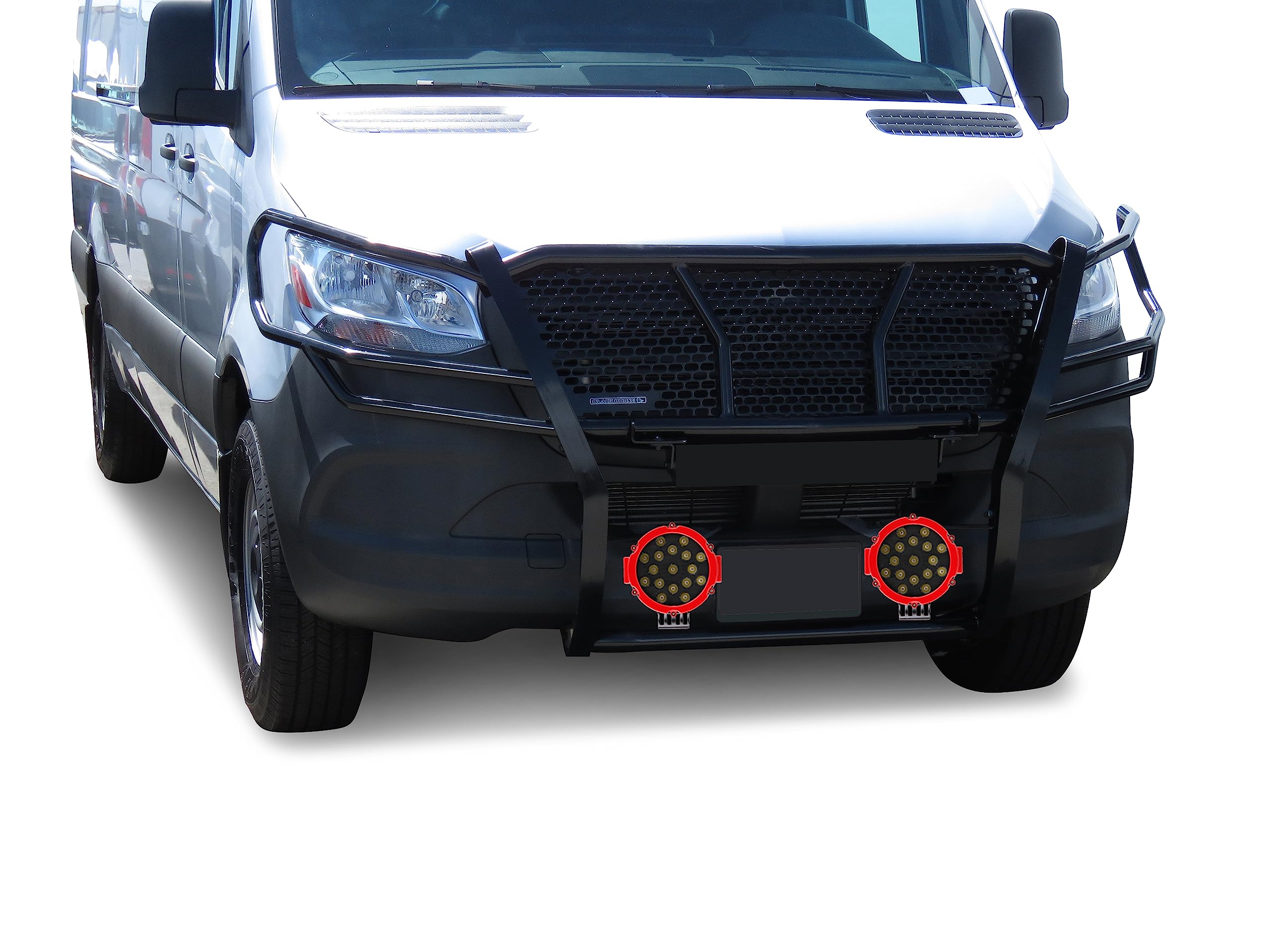 RUGGED HD Black Horse Grille Brush Bumper Guard Modular Come With pair of 7.0"LED Lights with Red Trim Rings Compatible with 2019-2025 Dodge Sprinter-Benz Sprinter 1500/2500/3500-RU-DOSP19-B-PLR
