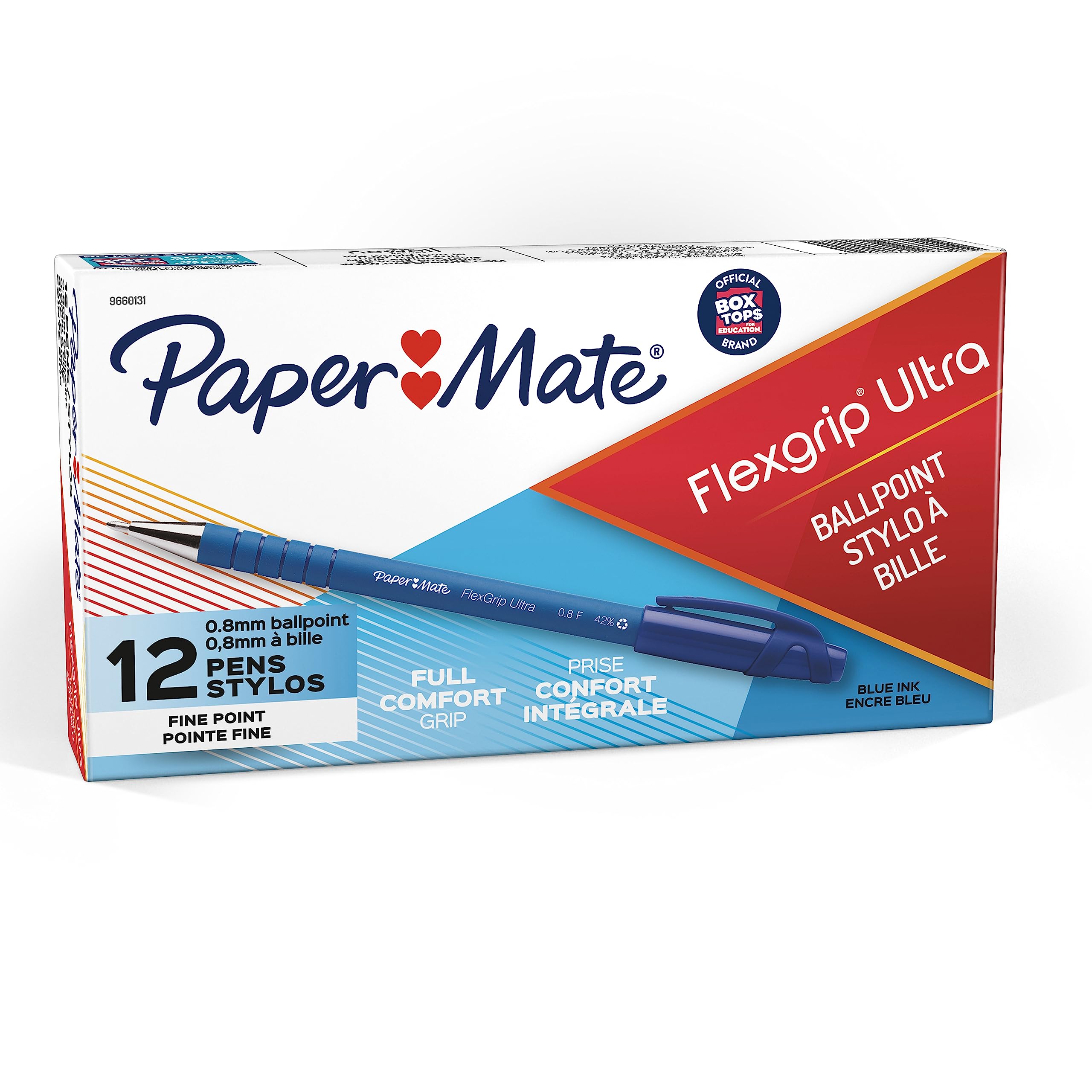 Paper Mate FlexGrip Ultra Stick Ball Pen, Blue Barrel, Fine Point, 0.80 mm, Blue Ink (9660131), Pack of 12