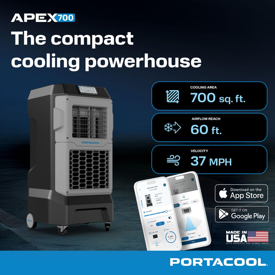 Apex 700 Portacool (PACA07001A1) – Wi-Fi Enabled High Velocity Portable Evaporative Cooler for 700 sq. ft. with up to 60-foot Reach, Oscillating Louvers, Programable, 22 Gallon Reservoir, Variable Spd