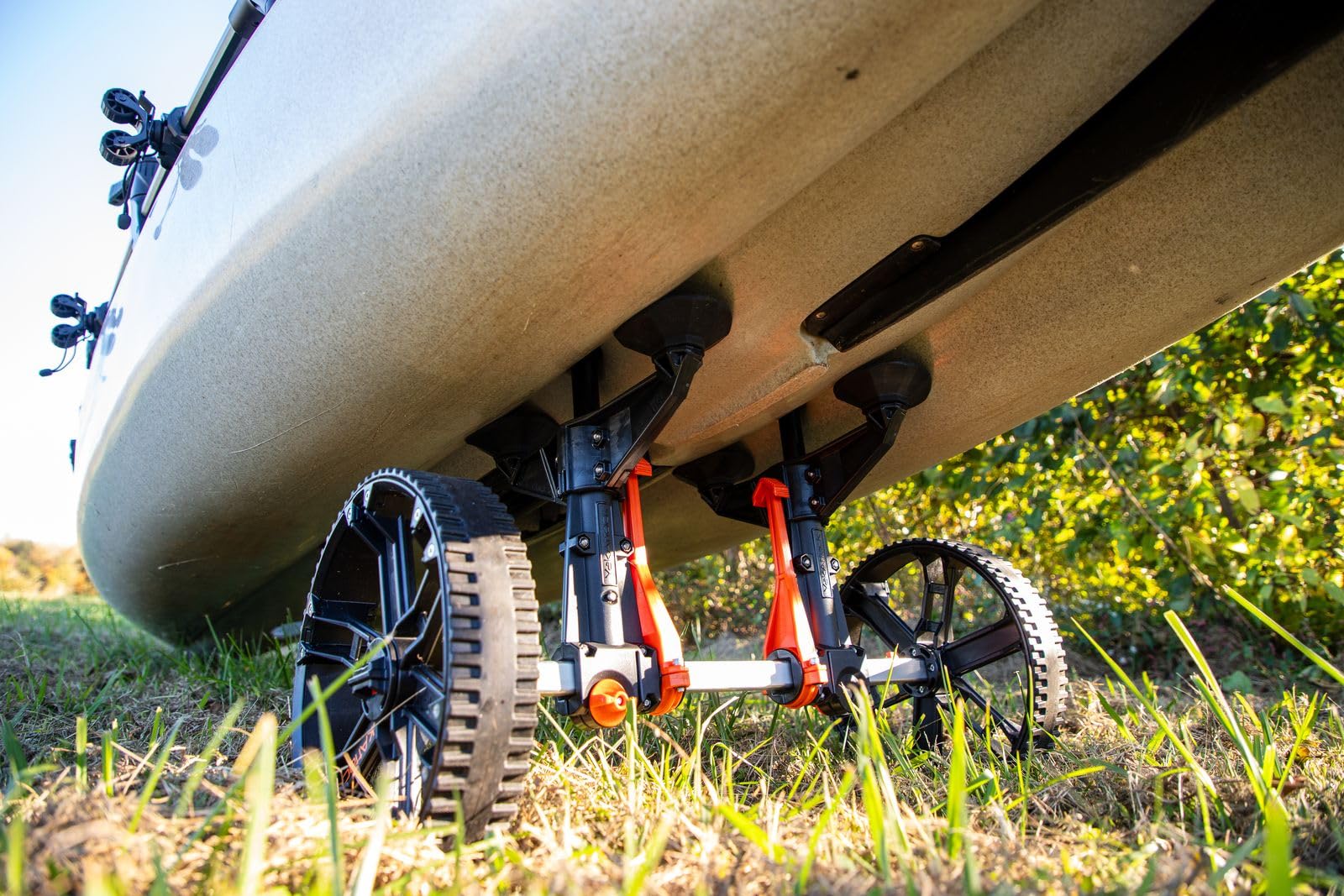 TowNStow YakAttack Scupper Kayak Cart | Collapsible with Extra Fore & AFT Hull Support | Adjustable 5.5" - 14.5" Wide | Dual Kick-Away Stands | 3-Piece BeadLoc Wheel Design & Rubber Tread | USA Made