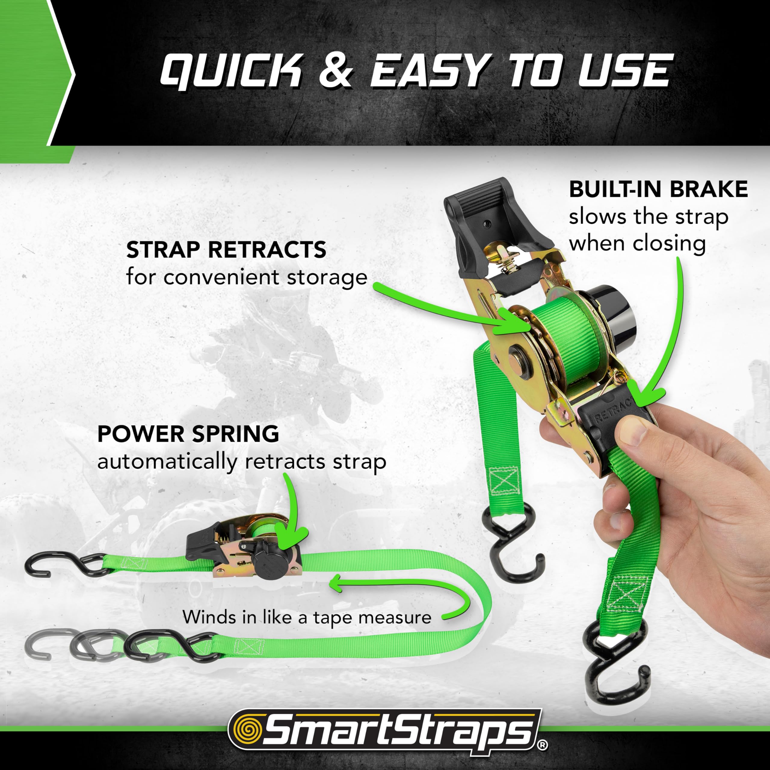 Retractable Ratchet Tie Down Straps SMARTSTRAPS (4 PK) 1,500lb Break Strength, 500lb Safe Work Load, Standard Duty, Secure and Haul ATVs, Lawn Tractors, Cargo, Boxes and Other Small Equipment