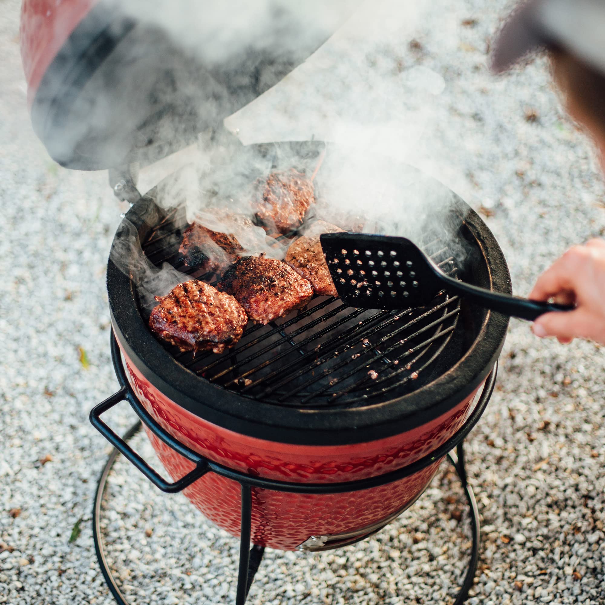 Joe Jr Kamado Joe 13.5-inch Portable Ceramic Charcoal Grill with Grill Stand, Stainless Steel Cooking Grate, Heat Deflectors and Ash Tool in Red, Model KJ13RH