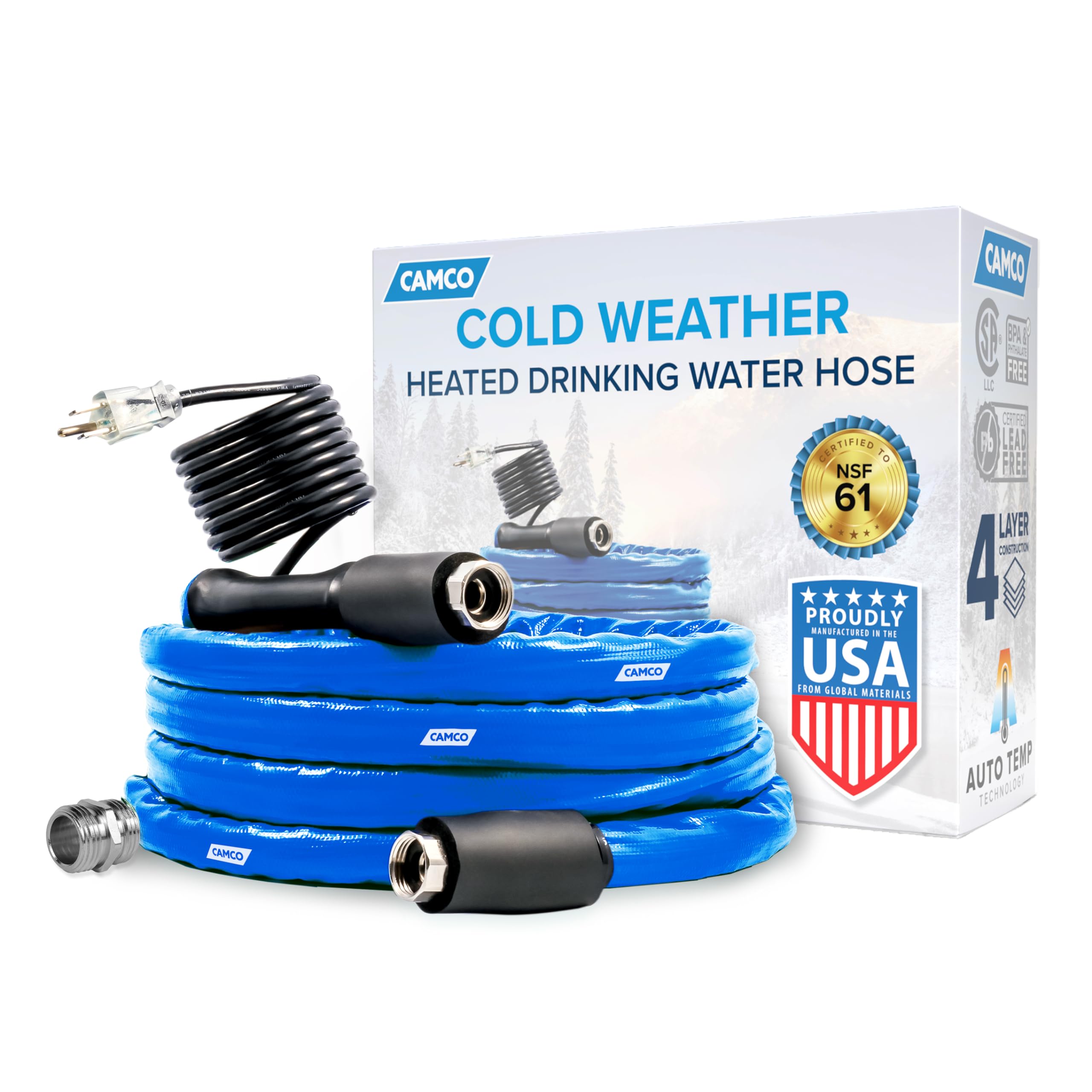 12-Ft Camco Heated Water Hose for RV - Water Line Freeze Protection Down to -20°F/-28°C - Features Energy-Saving Thermostat & Includes Adapter for Connection to Either End of Hose (22910)