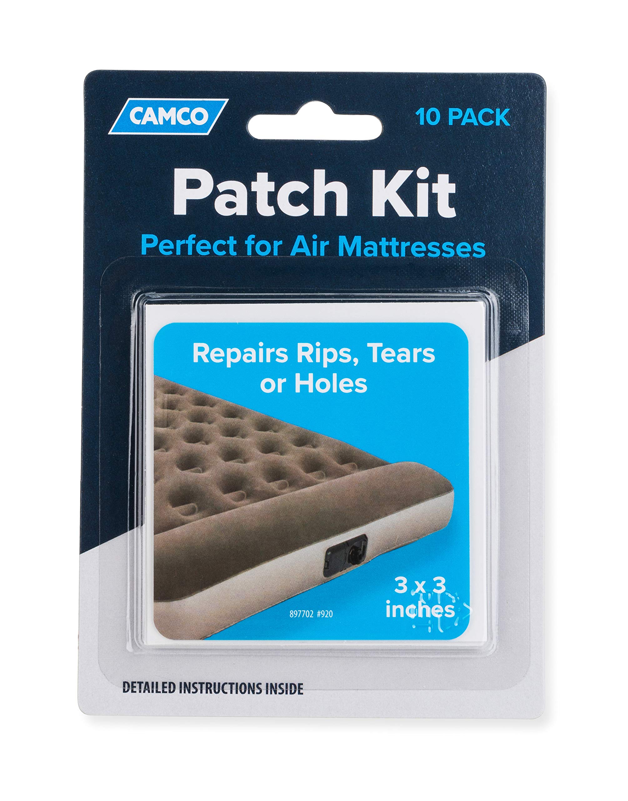 Vinyl Air Mattress Patches Camco | Repairs Inflatable Products | Easy to Apply | Measures 3"x3" | Includes a Pack of (10) Patches (51098)