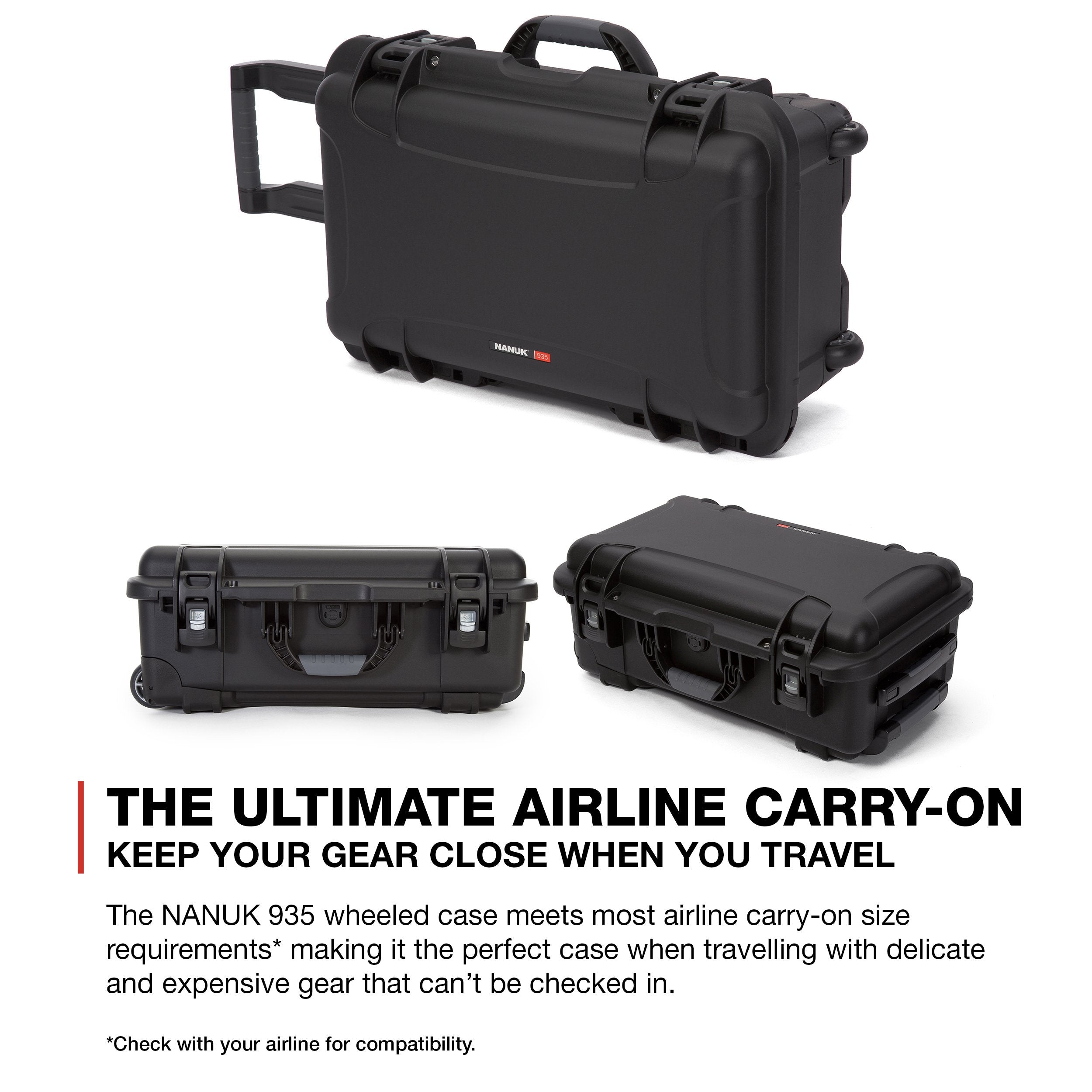 Protective Travel Case Nanuk 935 for 3 Bottles of Wine w/Wheels and Extendable Handle, TSA Approved - Black (935-3BTLS1)