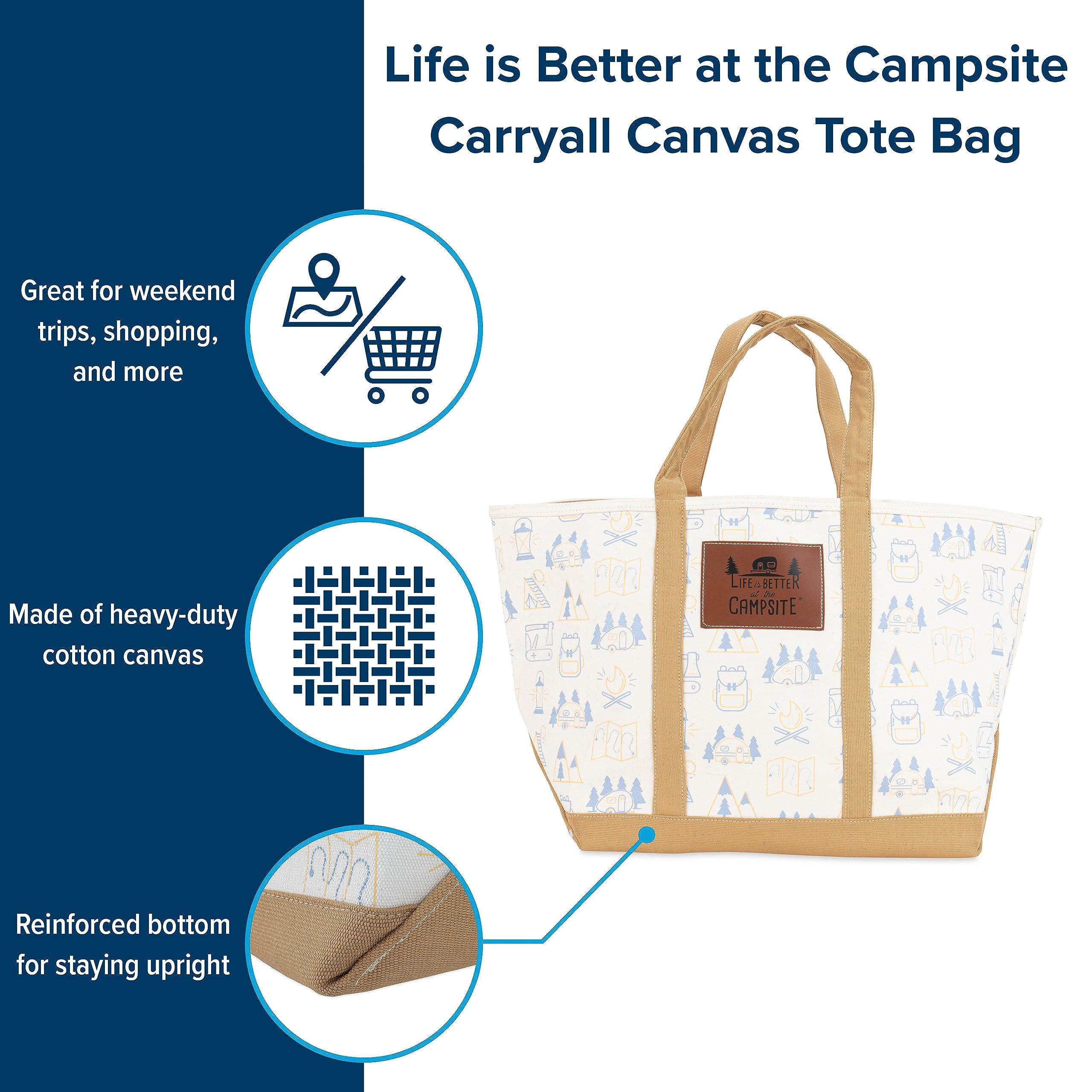 Camco Canvas Tote Bag Life is Better at The Campsite - Features Heavy-Duty Cotton Canvas Design with Reinforced Base, Unique RV-Themed Adventure Print, & Zippered Top Closure - 16x14.5x7.25 in (53127)