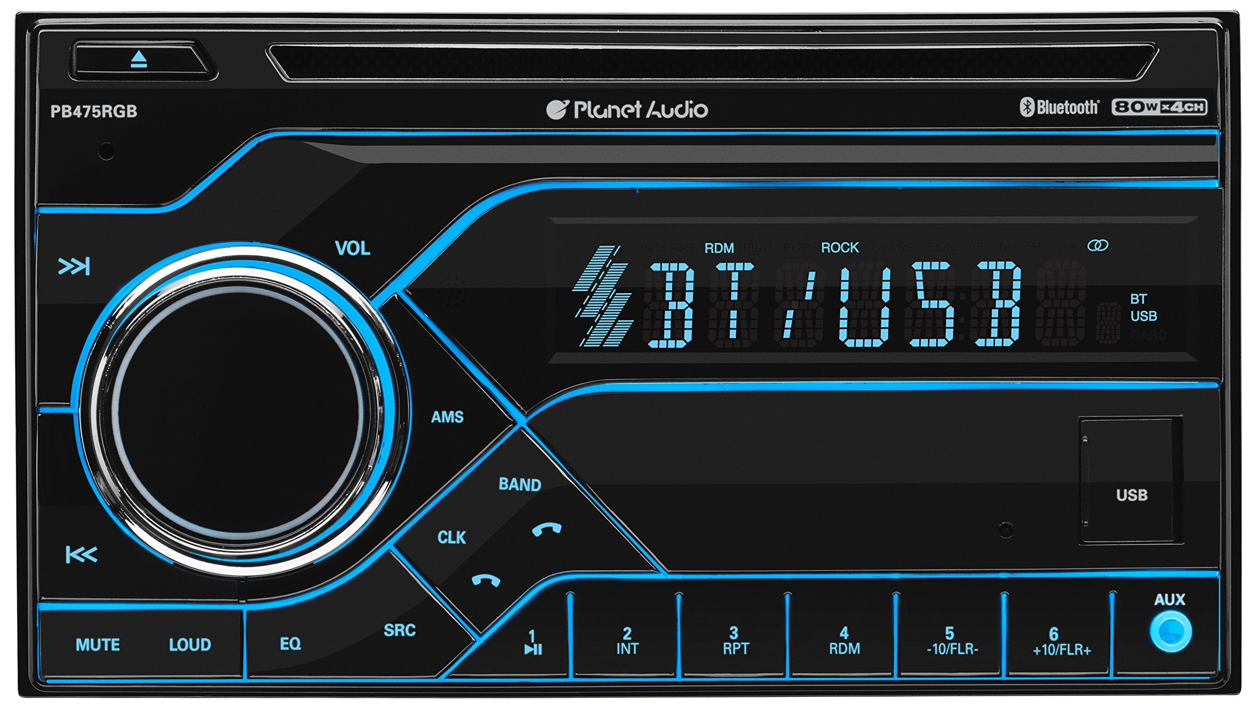 Car Stereo Planet Audio PB475RGB - Double Din, Bluetooth, CD/MP3/USB AM/FM Radio, Multi Color RGB Illumination, Wireless Remote