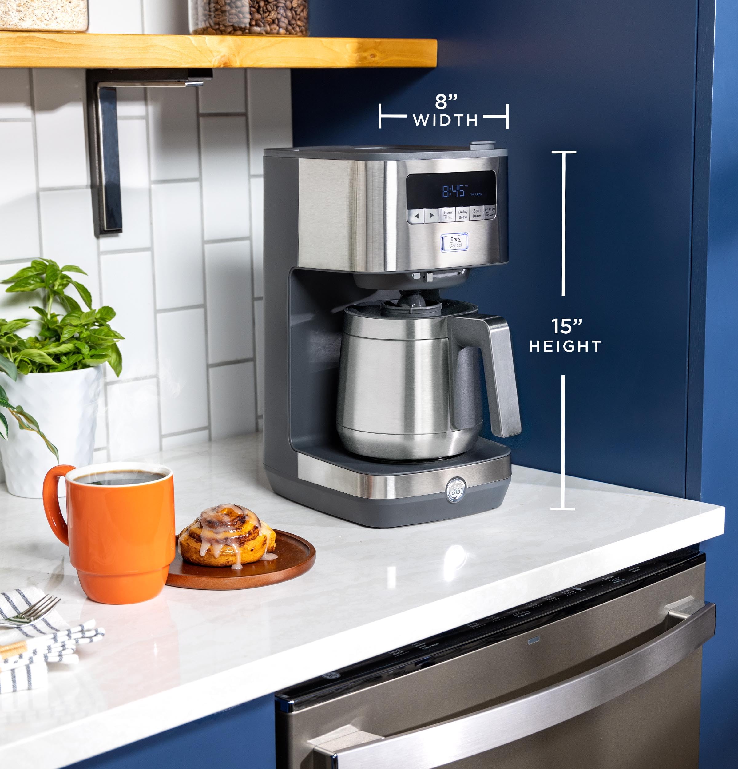 Drip Coffee Maker GE With Timer | 10-Cup Thermal Carafe Coffee Pot Keeps Coffee Warm for 2 Hours | Adjustable Brew Strength | Wide Shower Head for Maximum Flavor | Kitchen Essentials | Stainless Steel