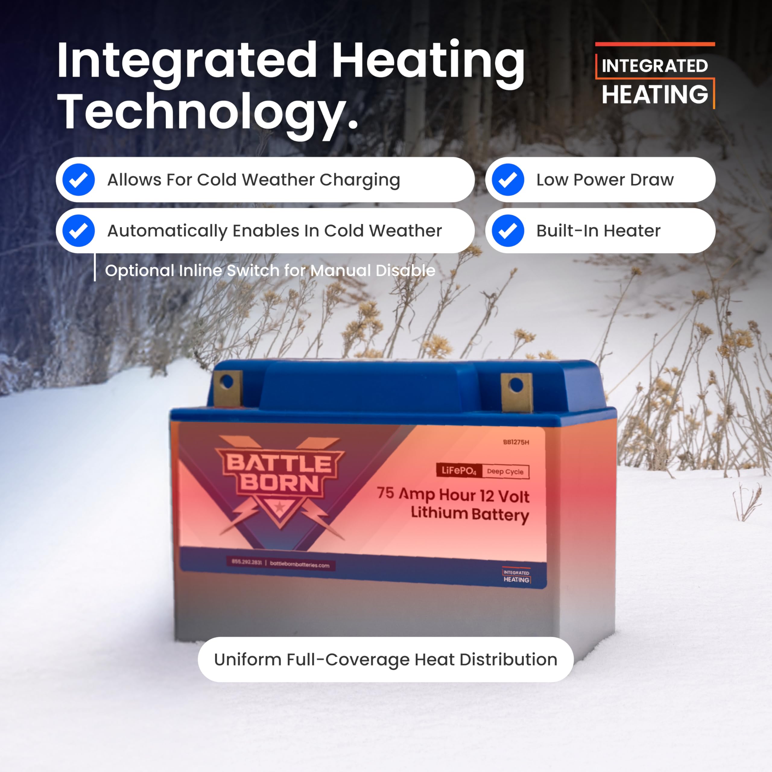 12V 75Ah Heated Lithium-Ion (LiFePO4) RV, Marine, Solar, & Off Grid Battery - Integrated Heating Technology - Internal BMS, High & Low Temperature Protection - Battle Born Batteries