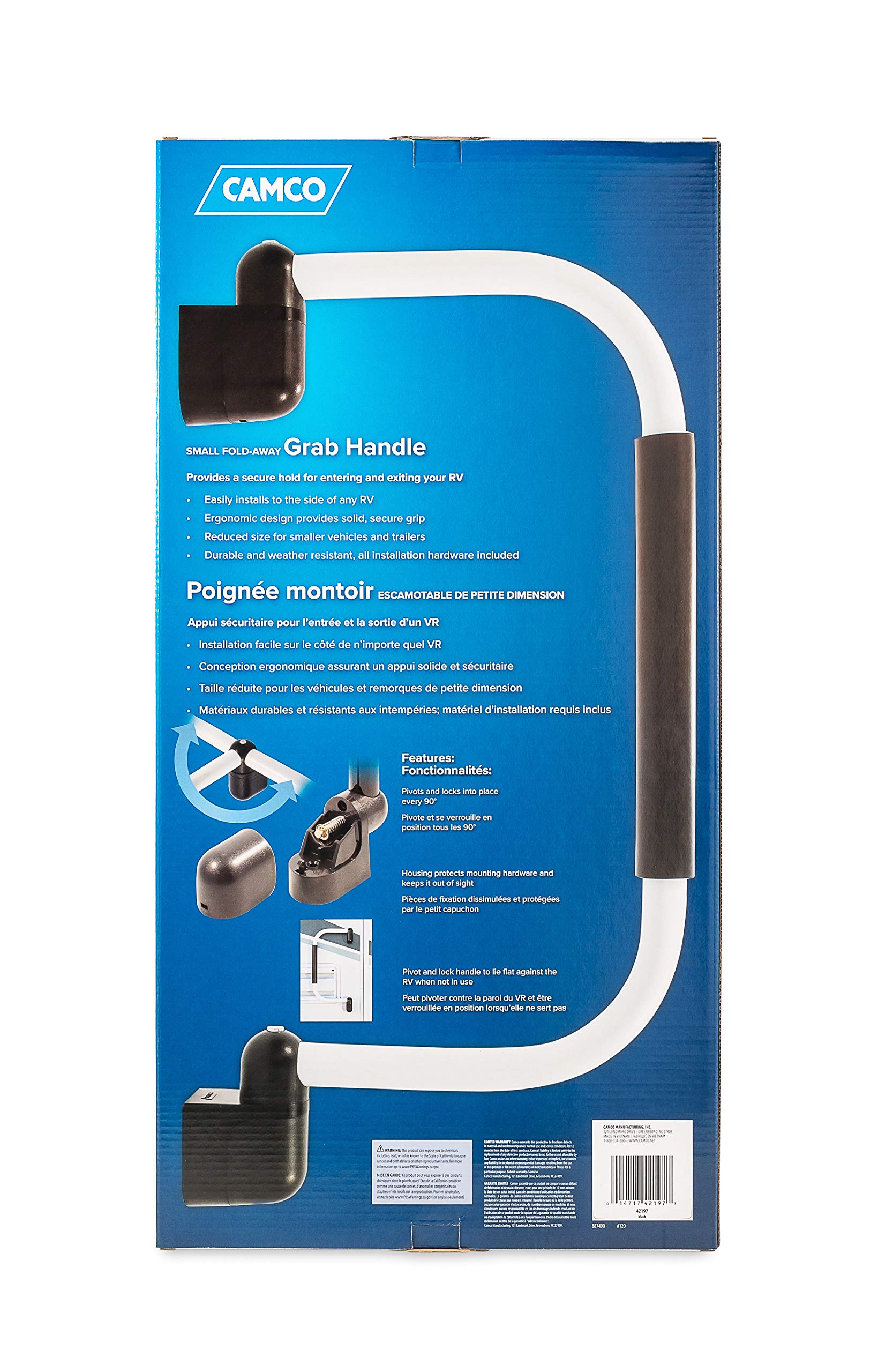 Camco RV Fold-Away Grab Handle - Secure Hold for Entering & Exiting - Measures 18-in, for Smaller Trailers & RVs - Installs Easily Beside RV Door, Hardware Included - Black (42197)