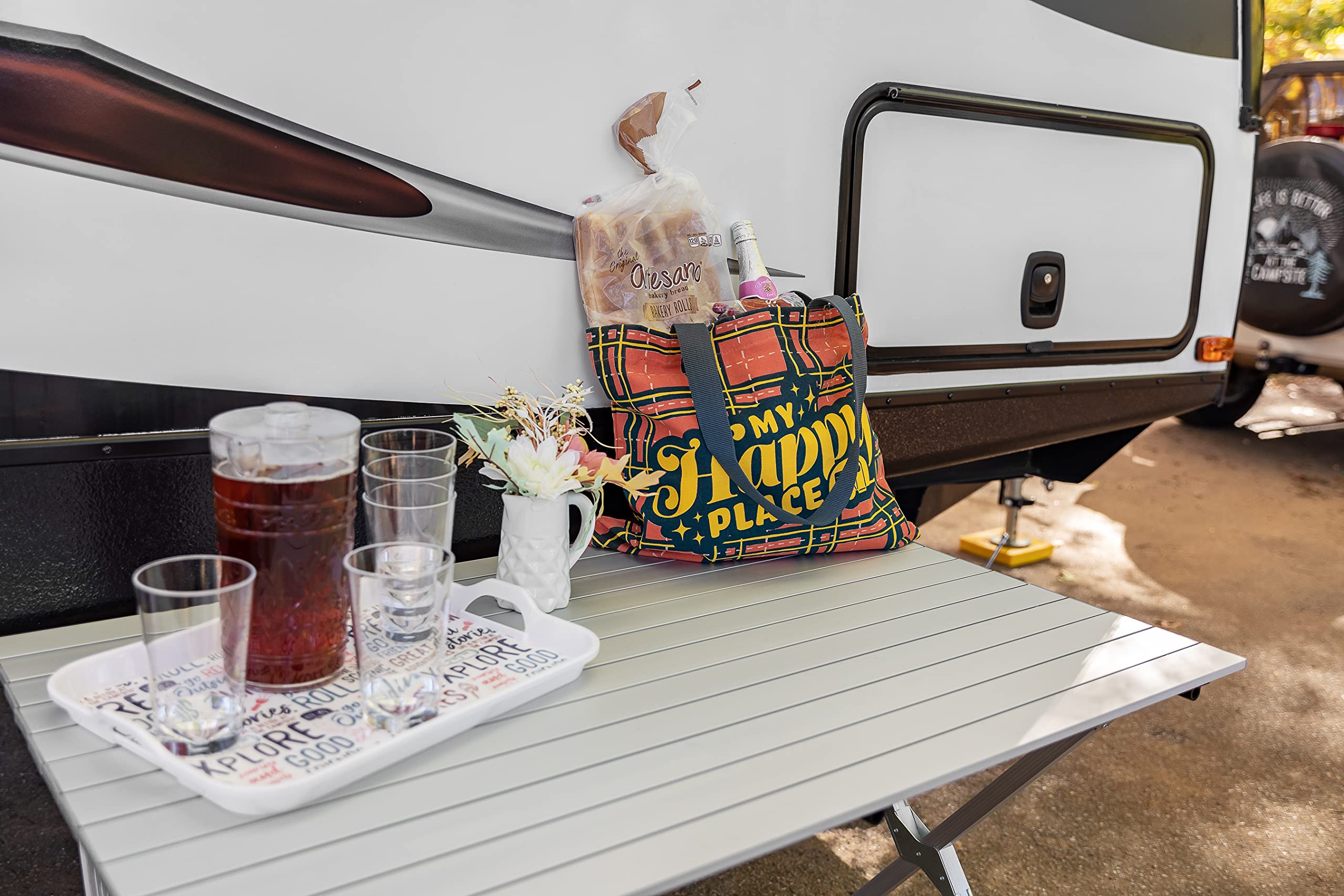 Camco Melamine RV Serving Tray is Better at the Campsite Life - Features Camping/RV Themed Design - Great for Kitchen Prep, Picnics, Grilling, and More - Serving Platter is Dishwasher Safe (53486)