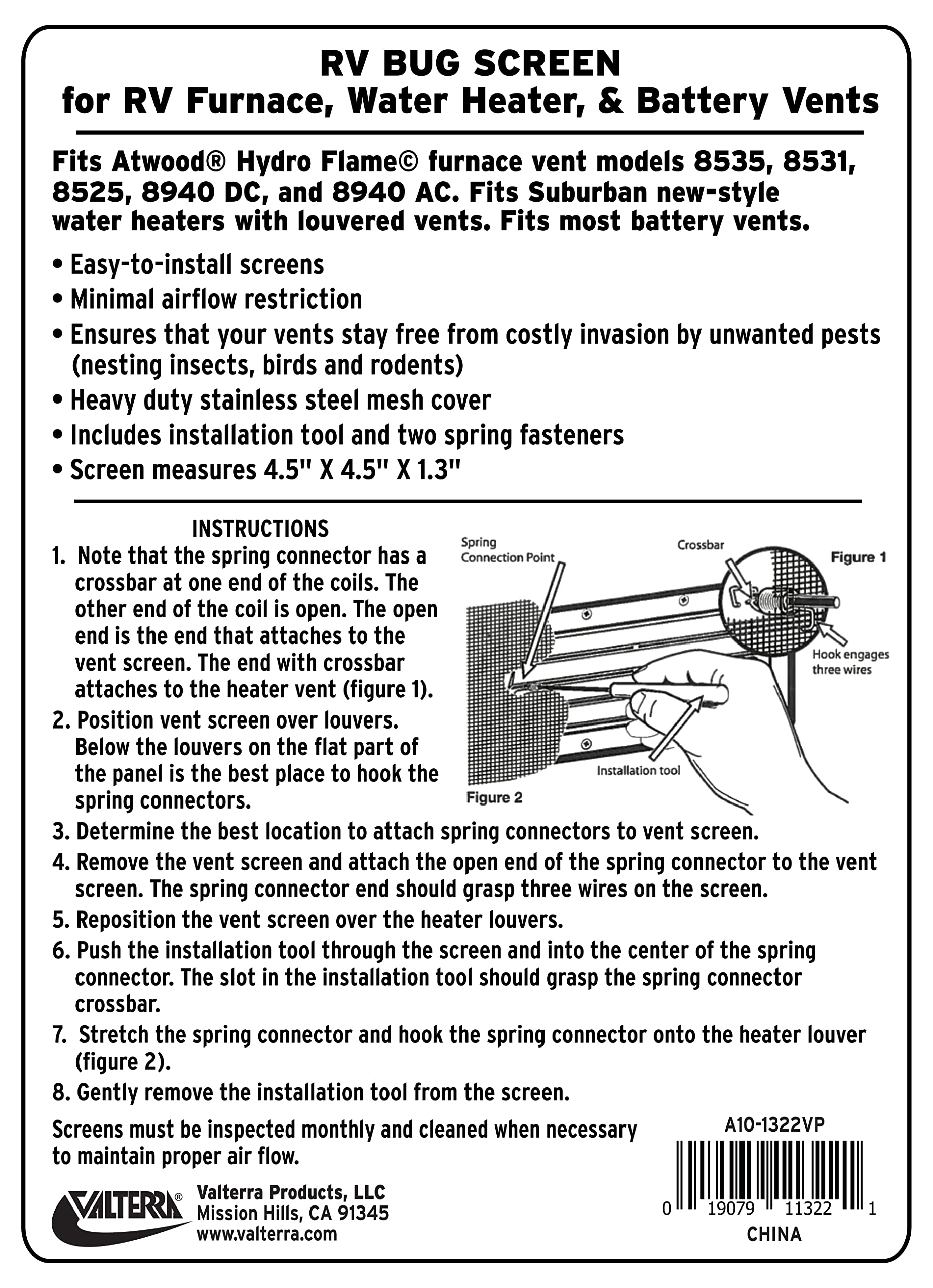 Bug Screen Valterra A10-1322VP (RV Bug Vent Screen, 4.5″ X 4.5″ X 1.3″),1 Pack