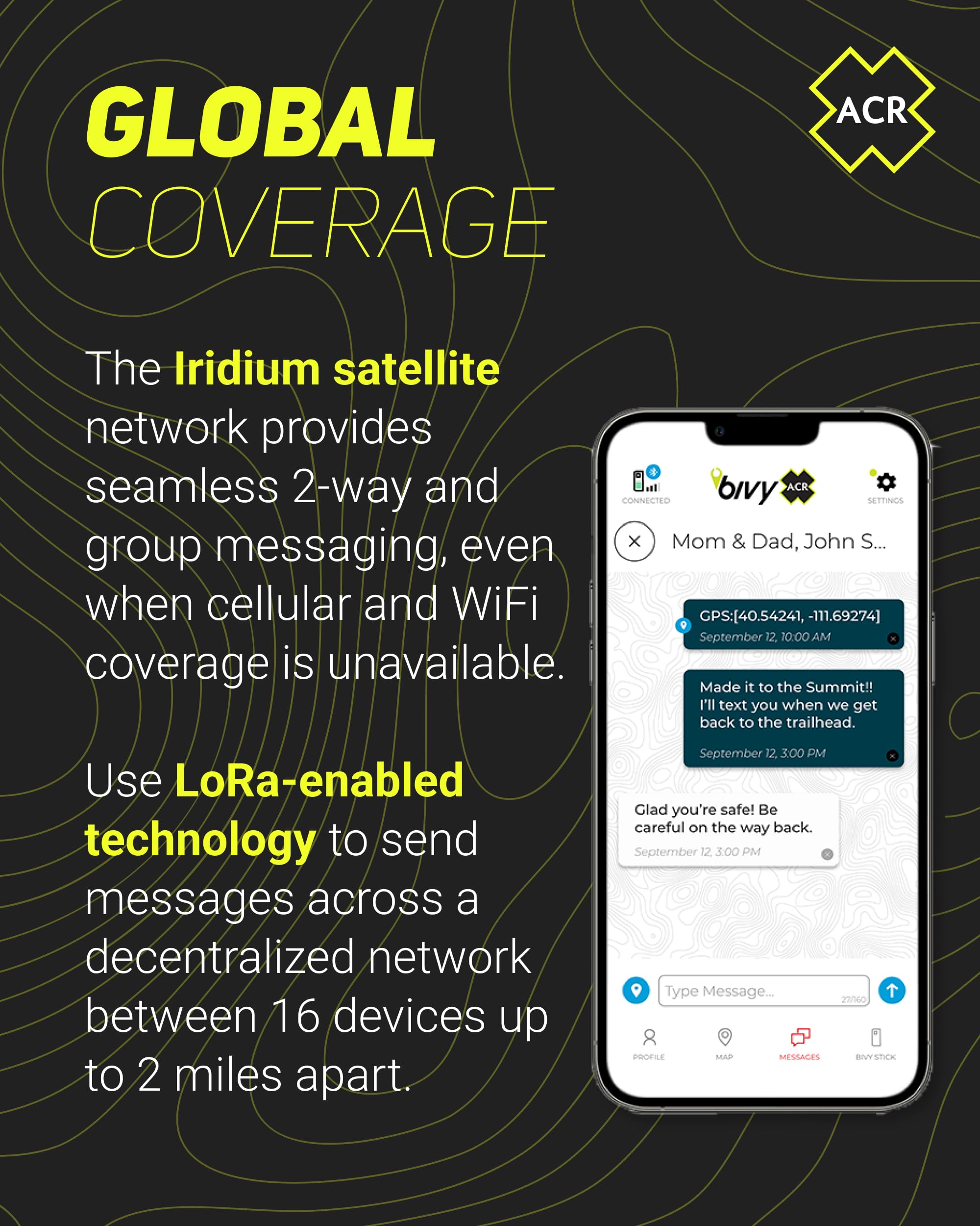 Bivy Stick MESH ACR Satellite Communicator - Dual-Mode LoRa®-Enabled Mesh & Global Iridium Coverage, Two-Way SMS, GPS Tracker, Group Messaging, SOS Emergency with 24hr Reserve Battery - iOS/Android