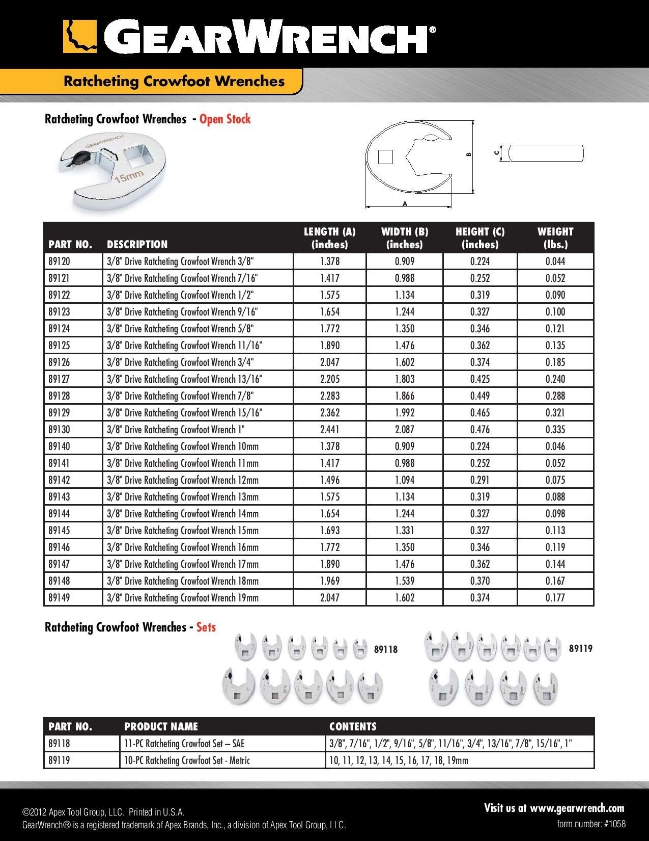 Metric 10 Piece Ratcheting Crowfoot Wrench Set