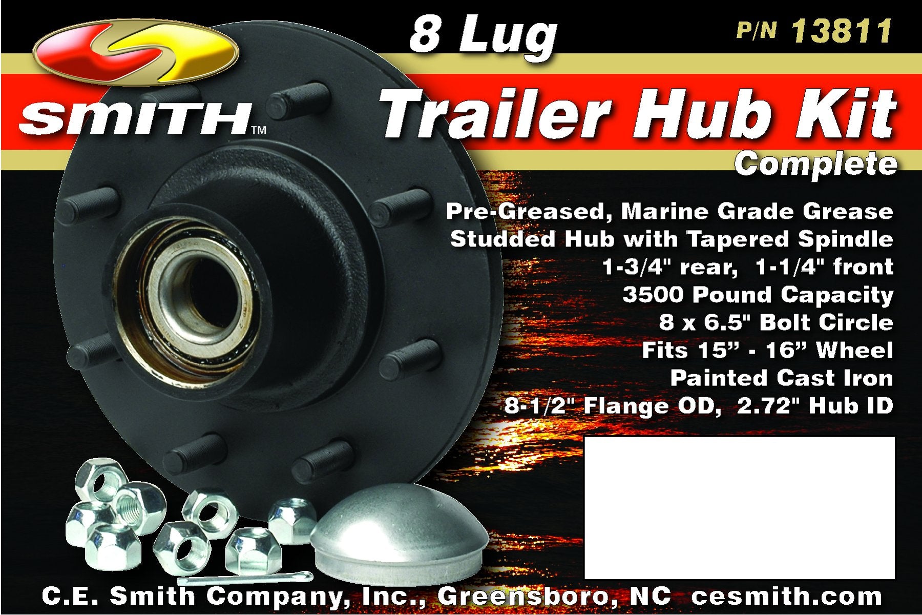 Trailer Hub Kit CE Smith 13811 (Tapered 1 3/4" to 1 1/4" Stud (8 x 6 1/2) 12" Brake Size)- Replacement Parts and Accessories for your Ski Boat, Fishing Boat or Sailboat Trailer