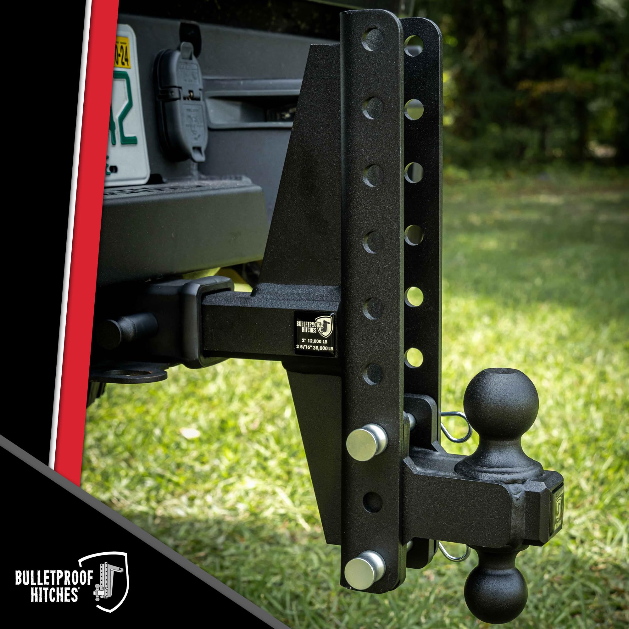 2.5" BulletProof Hitches Adjustable Extreme Duty Trailer Hitch (36,000 lb. Rating) - Offset 4" & 6" Drop/Rise with 2" and 2 5/16" Dual Ball - Powder Coat, Solid Steel, Corrosion-Resistant