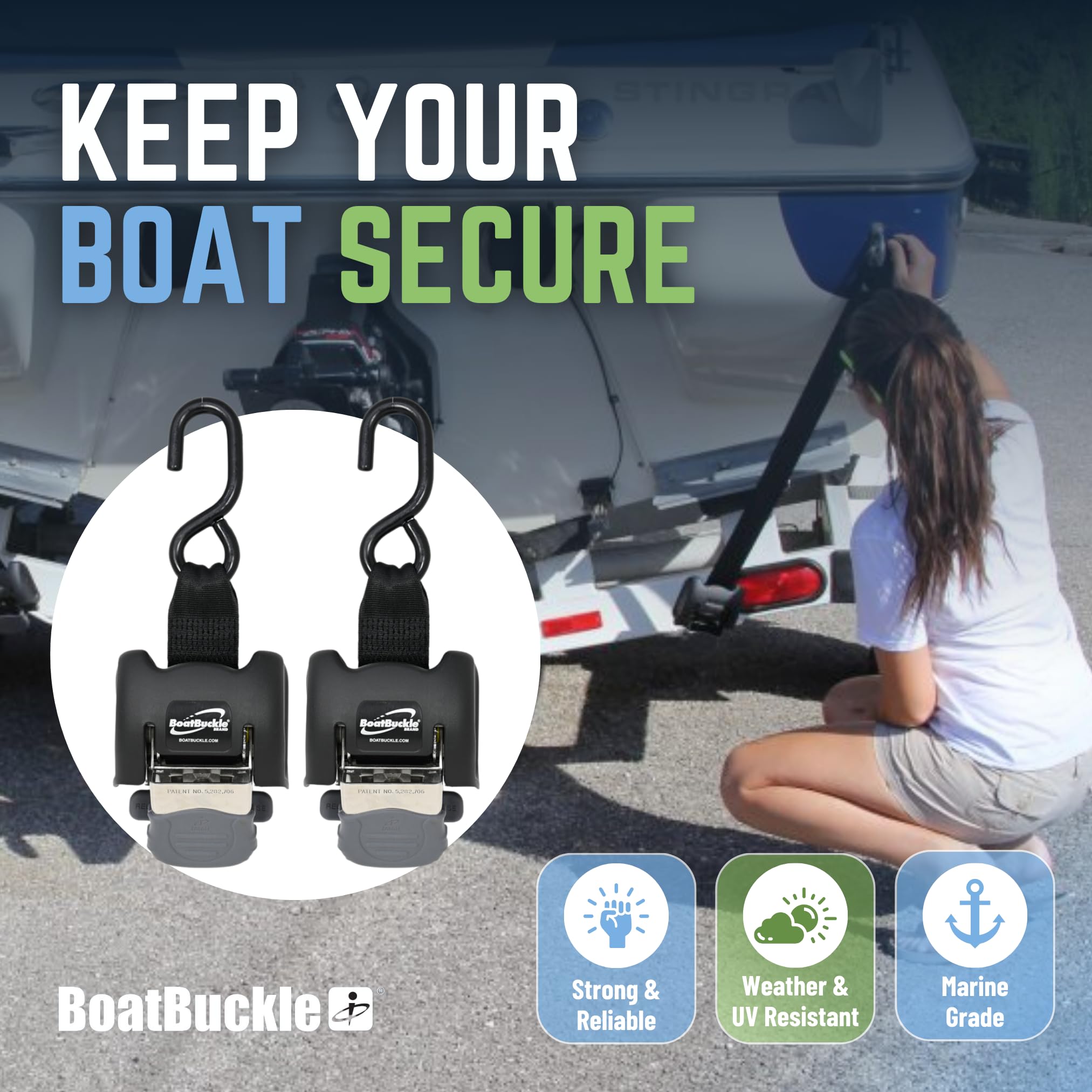 Stainless Steel BoatBuckle G2 Retractable Transom Tie-Down (2 x 43-Inch, Black)