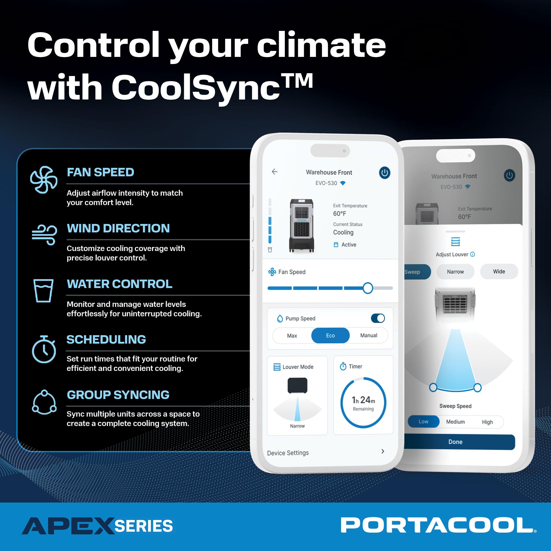 Apex 2000 Portacool (PACA20001A1) – Wi-Fi Enabled High Velocity Portable Evaporative Cooler for 2000 sq. ft. with up to 60-foot Reach, Programable, 45 Gallon Reservoir, Variable Speed