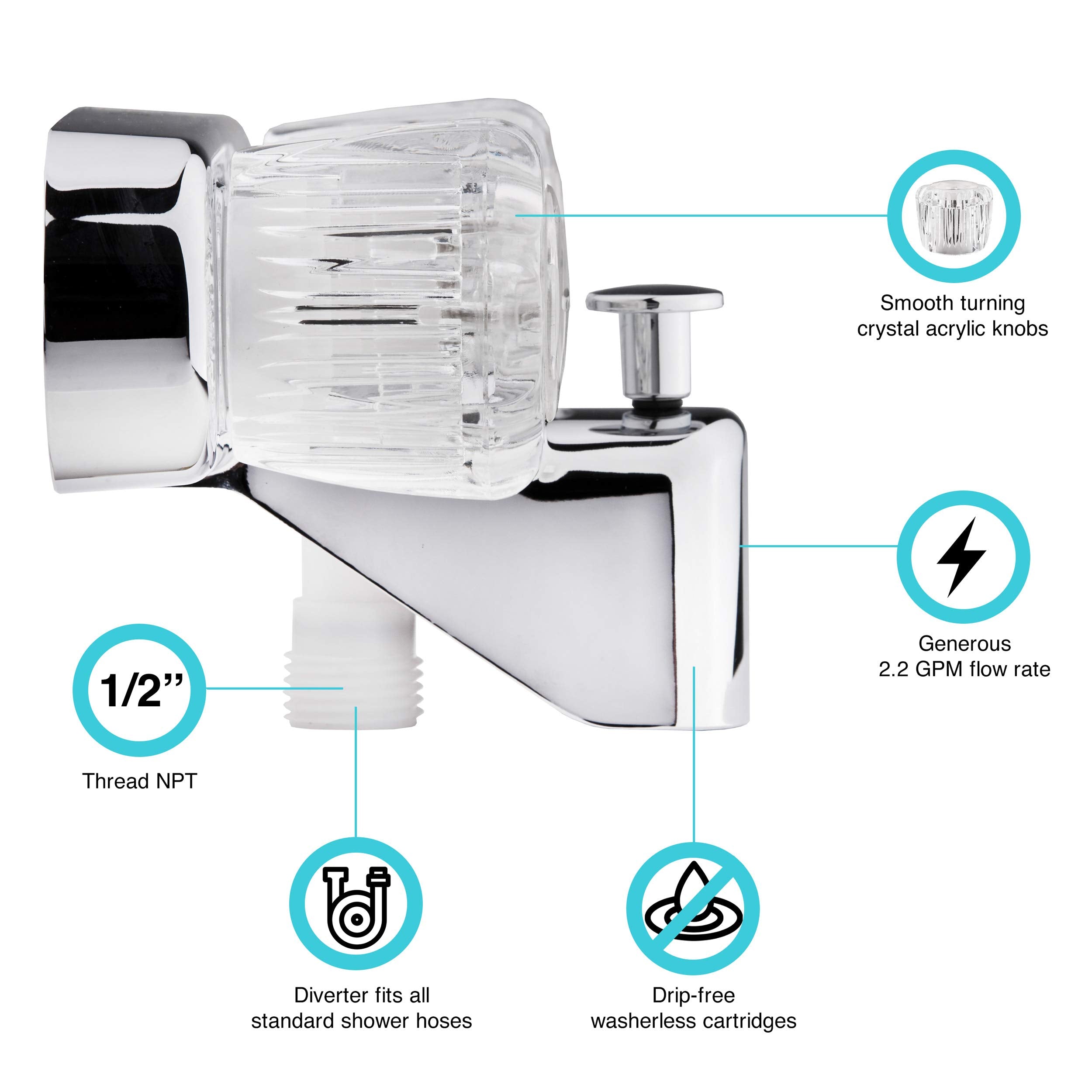 Dura Faucet RV Tub and Shower Faucet Valve Diverter DF-SA110A-CP with Crystal Acrylic Knobs (Chrome)