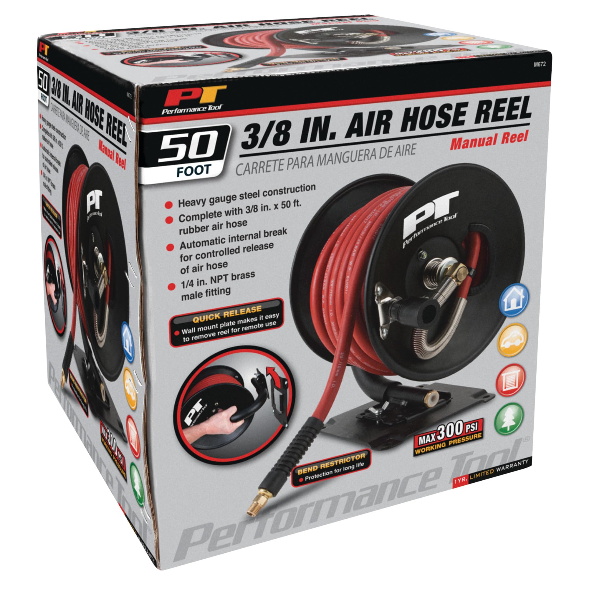 Quick Mount Performance Tool M672 Hand Crank Air Hose Reel (3/8-Inch Air Hose x 50 ft. Capacity, Hose Included)