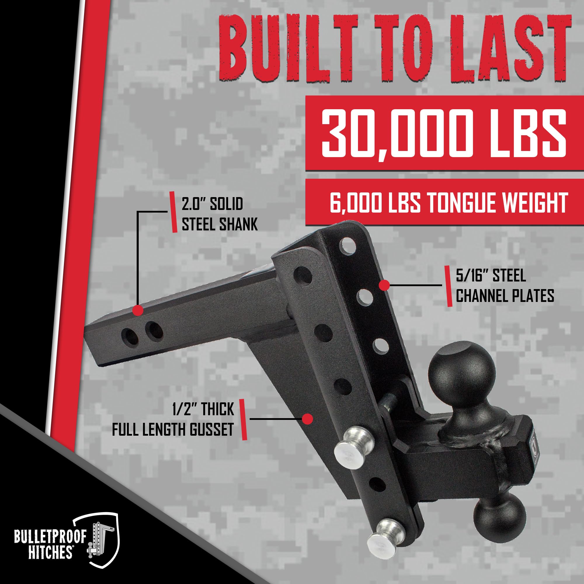 2.0" BulletProof Hitches Adjustable Extreme Duty Trailer Hitch (30,000 lb. Rating) - 6" Drop/Rise with 2" and 2 5/16" Dual Ball - Powder Coat, Solid Steel, Corrosion-Resistant