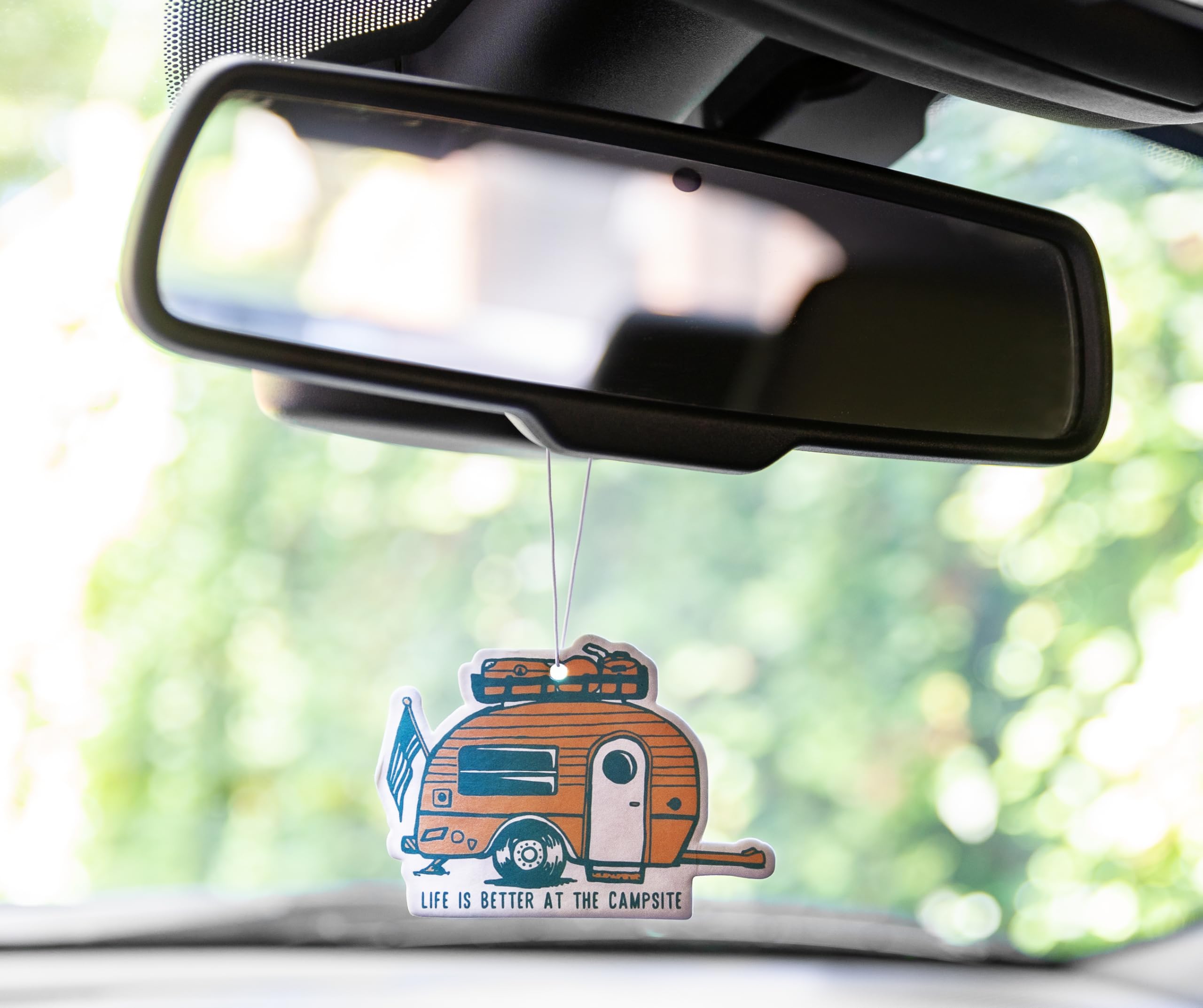 Camco Air Freshener Life is Better at The Campsite - Features Along the Shore Fragrance & Elastic Cord - Use in the Car or RV & Camper - Features Retro RV Design (53363)