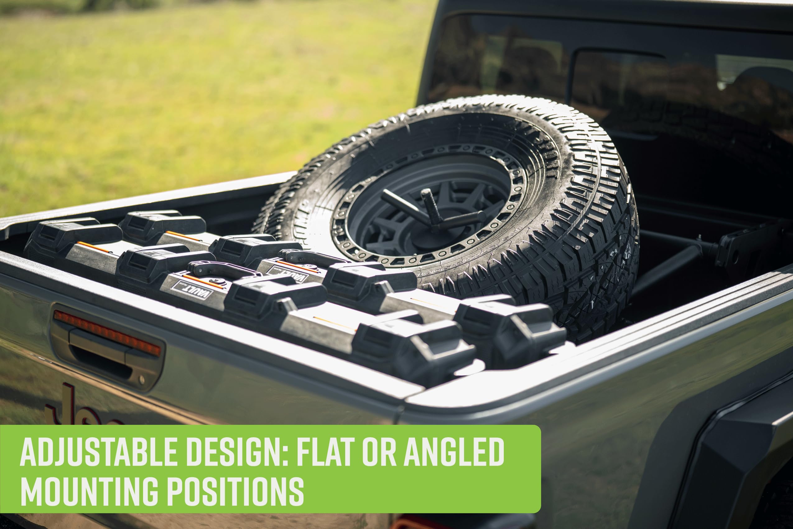 DV8 Offroad Spare Tire Carrier Adjustable in-Bed for 2020-2025 Jeep Gladiator JT | Flat or Angled Mounting Positions | Stainless Single Action Latching Mechanism | Compatible w/Most Wheel/Tire Setups