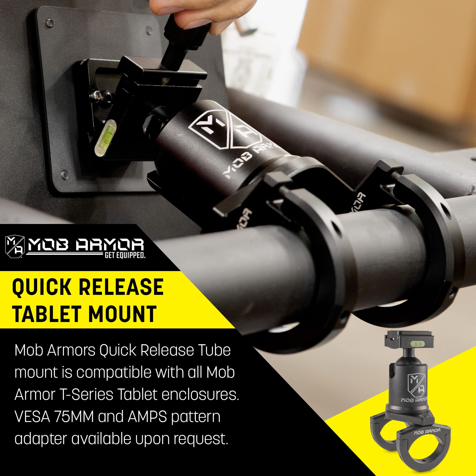 Mob Armor Maxx Tube Mount Quick Release - Adjustable Tablet Holder with Rotating and Tilting Housing, Quick-Detach Mechanism, and Secure Clamp for Mounting on Tubes in Vehicles, Worksites, and Gyms