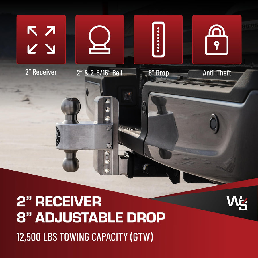 Weigh Safe Adjustable Trailer Hitch Ball Mount - Adjustable 8" Drop Hitch for 2" Receiver - Premium Heavy Duty Aluminum Trailer Tow Hitch w/ Stainless Steel Tow Balls (2" & 2 5/16") - 12,500 lbs GTW