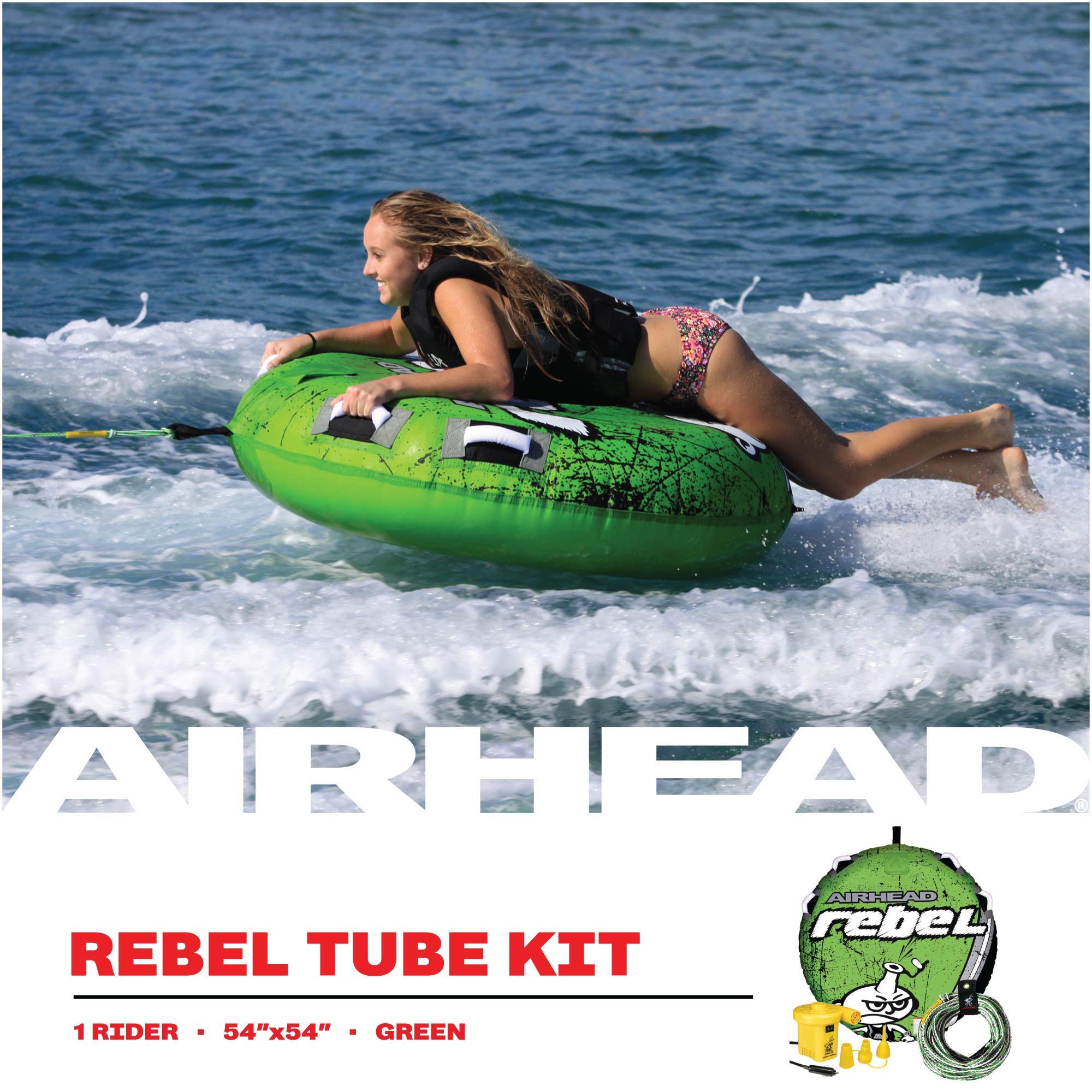 Airhead Towable Kit Rebel 1 Rider Tube with Rope And Pump, Kwik-Connect Tow, Double-Stitched Full Nylon Cover and Speed Safety Valve for Easy Inflating and Deflating