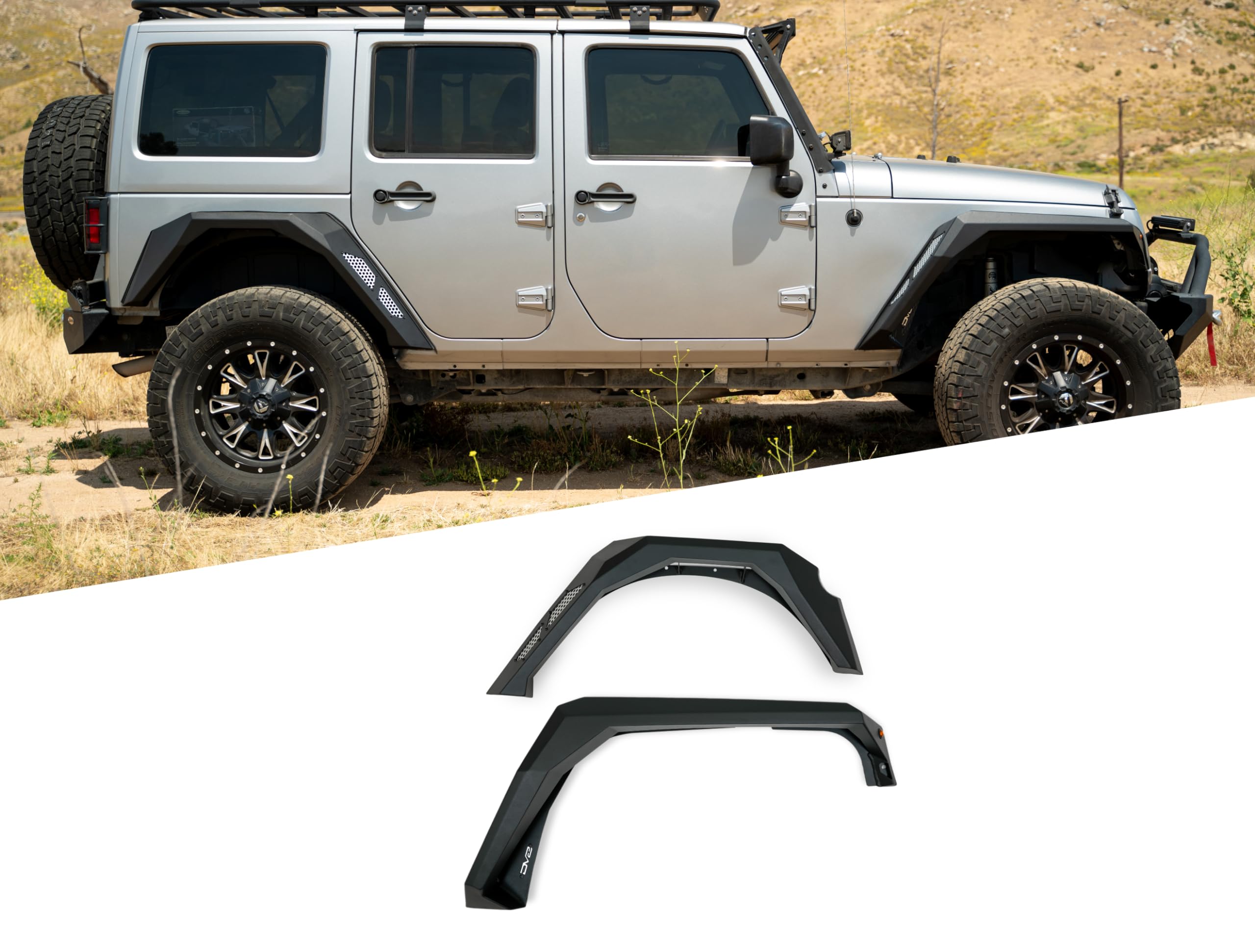 Fender Flares Armor for the 2007-2018 Jeep Wrangler JK | Slim-Width Design | Improves Clearance for Articulation | Protective Rubber Seals | Plug & Play Amber Marker Lights | Black Powder Coat Finish