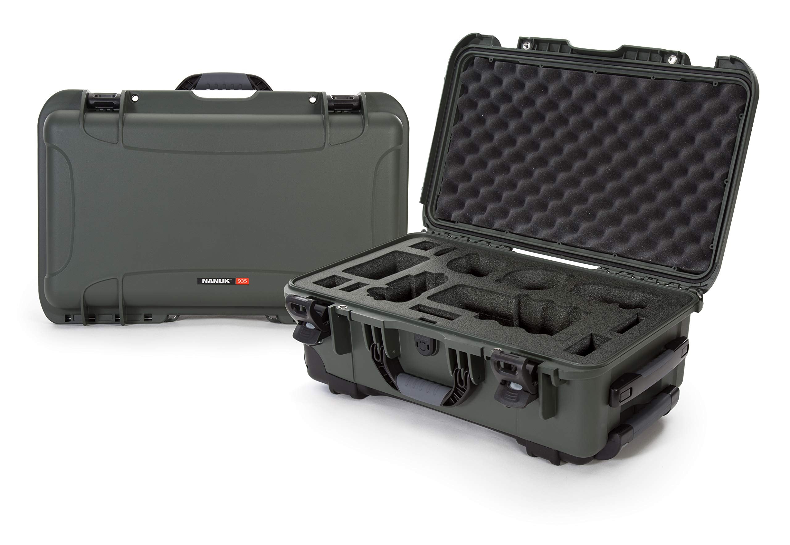 Waterproof Nanuk 935 Carry-On Hard Case with Custom Foam Insert for Sony a7R Size Camera w/Wheels - Olive