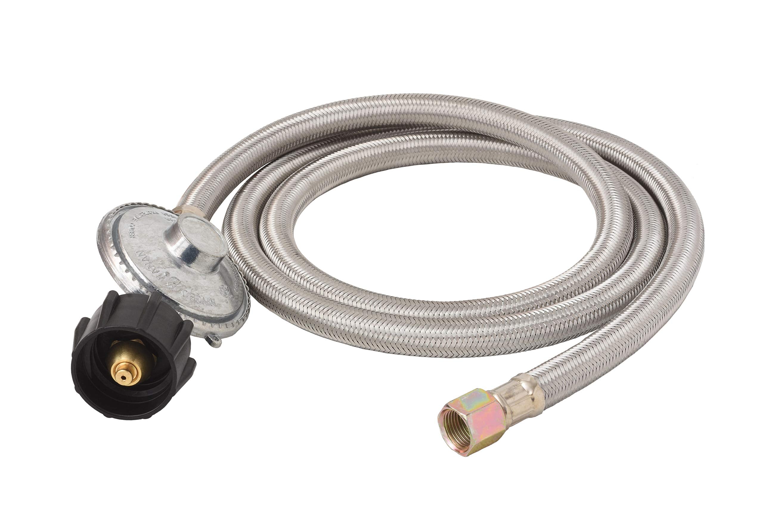5-FT Flame King Universal QCC1 Low-Pressure Propane Regulator with Stainless Steel Braided Hose for Most LP Gas Grills, Heaters, and Fire Pit Tables, 3/8" Female Flare Nut
