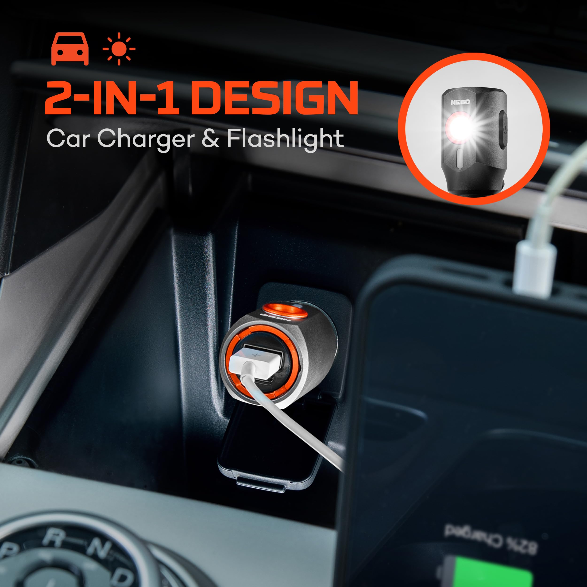 TRANSPORT NEBO 400 2-In-1 Car Charger & Flashlight | 400 Lumens, 6 Light Modes, Compact LED Light, Magnetic Pocket Clip, Waterproof, Emergency Glass Breaker, 12V DC or USB-C Rechargeable