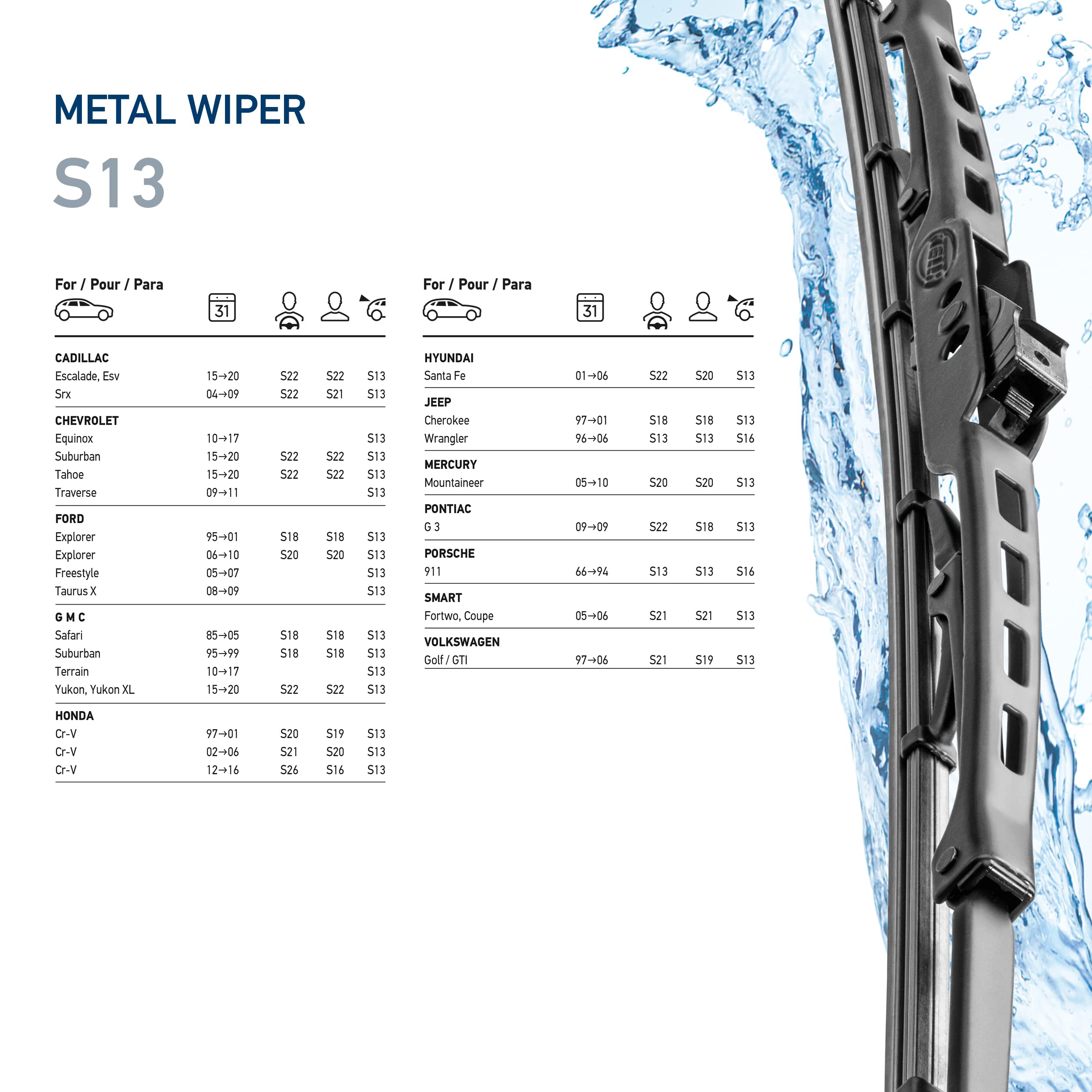 Hella 13 Inch OE Quality All Seasons Streak-Free Rubber Standard Wiper Blade (Single Blade) fit select Cadillac Chevrolet Ford GMC Honda Hyundai Jeep Mercury Pontiac Porsche Volkswagen / 398114013