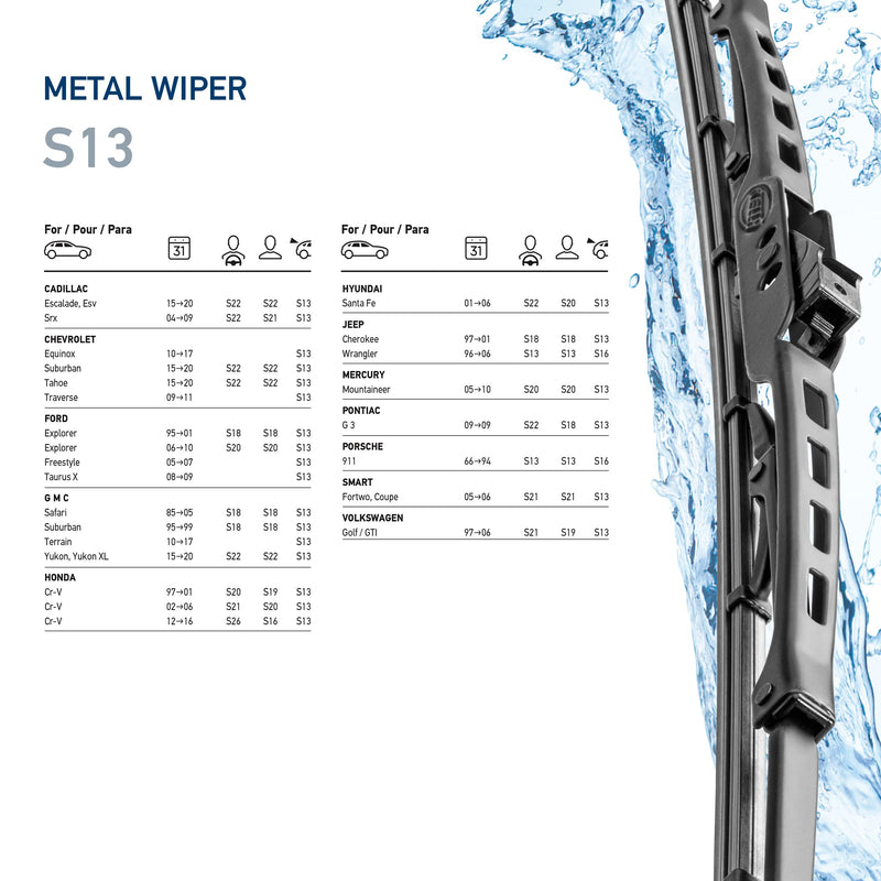 Hella 13 Inch OE Quality All Seasons Streak-Free Rubber Standard Wiper Blade (Single Blade) fit select Cadillac Chevrolet Ford GMC Honda Hyundai Jeep Mercury Pontiac Porsche Volkswagen / 398114013