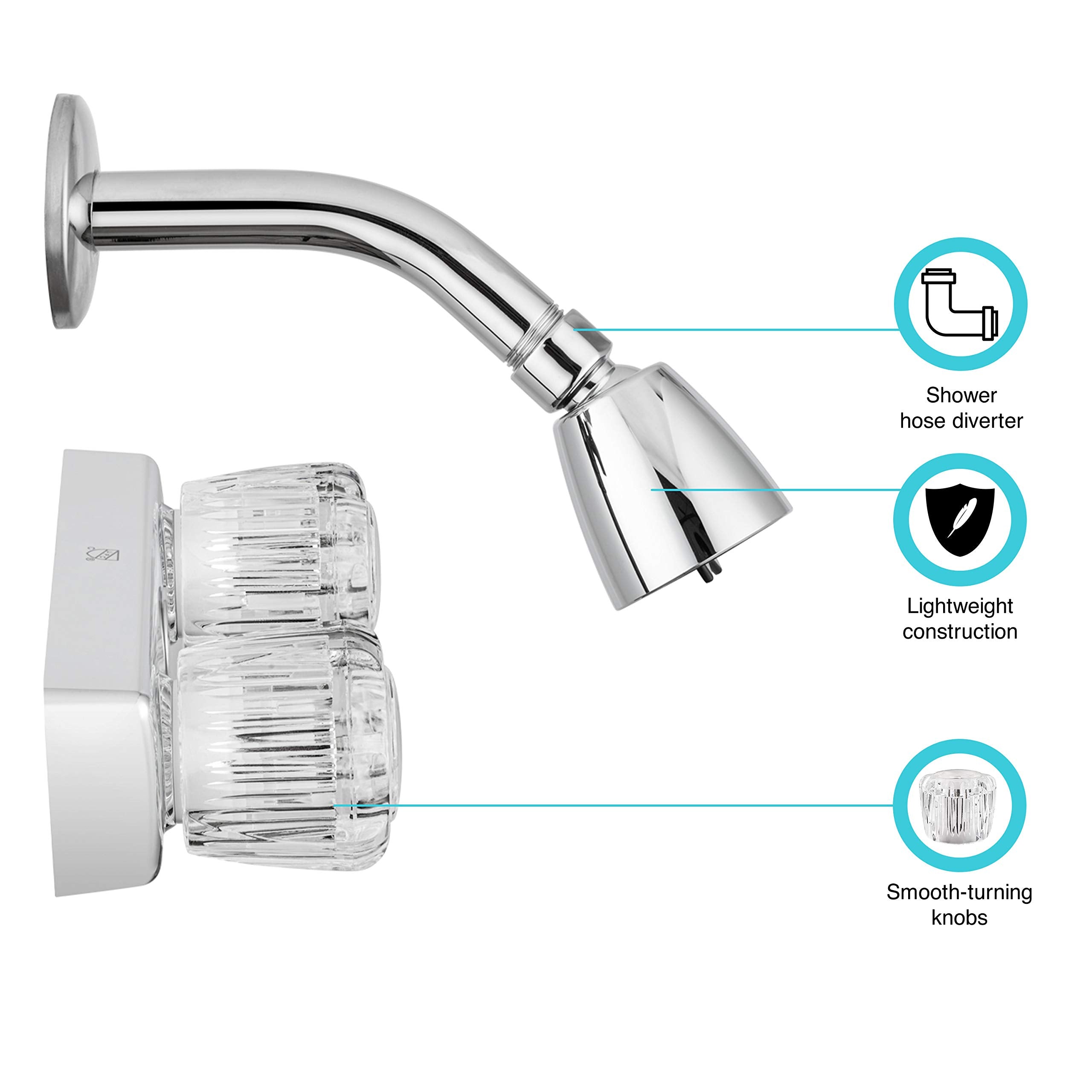 Dura Faucet Wall Mounted Economical Shower Faucet and Shower Head with Arm Trim Kit, Crystal Acrylic Knobs (Chrome Polished)