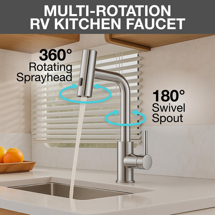 Dura Faucet Rainfall (DF-MK511X-CP) RV Kitchen Faucet – Chrome, Dual-Mode Rotating Spray Head (Wide Waterfall & Stream), Single Lever Handle, Lead-Free, Easy Install Compact Sink Faucet