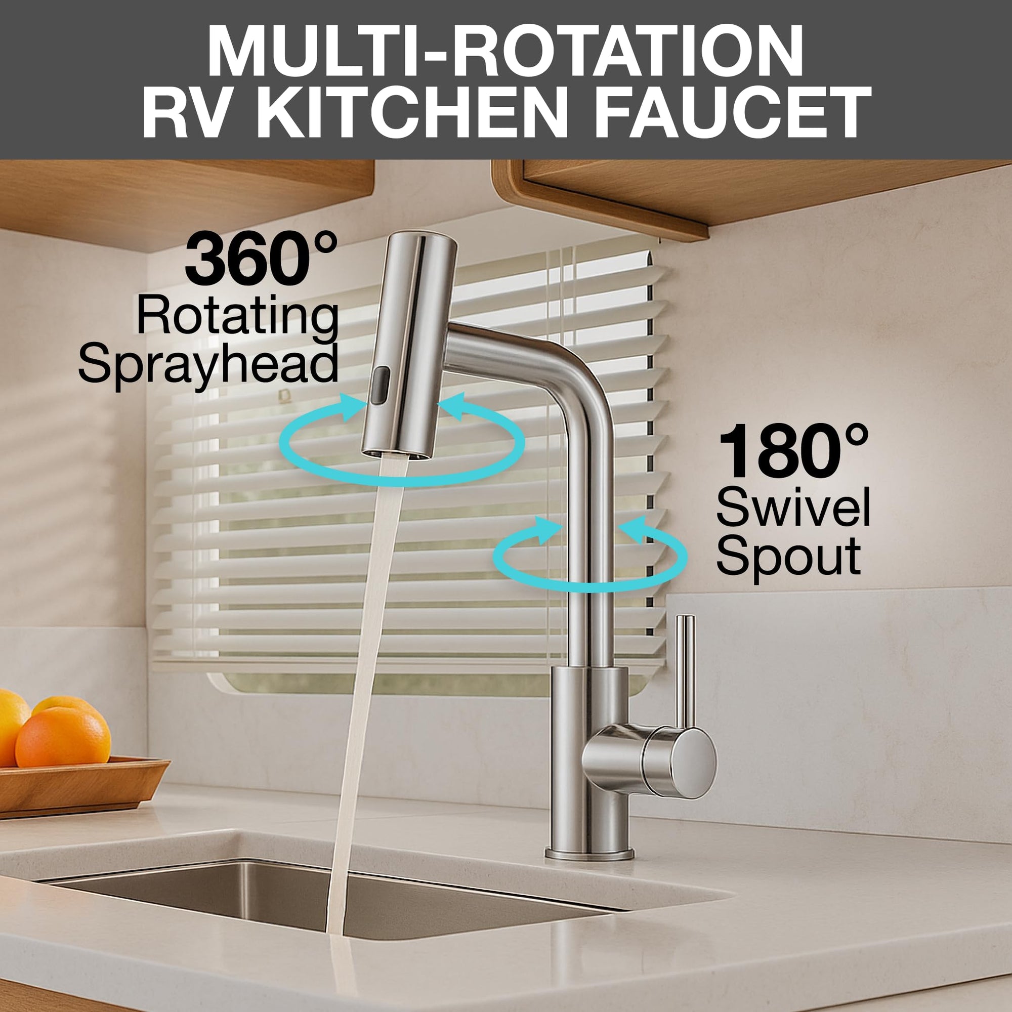 Dura Faucet Rainfall (DF-MK511X-CP) RV Kitchen Faucet – Chrome, Dual-Mode Rotating Spray Head (Wide Waterfall & Stream), Single Lever Handle, Lead-Free, Easy Install Compact Sink Faucet